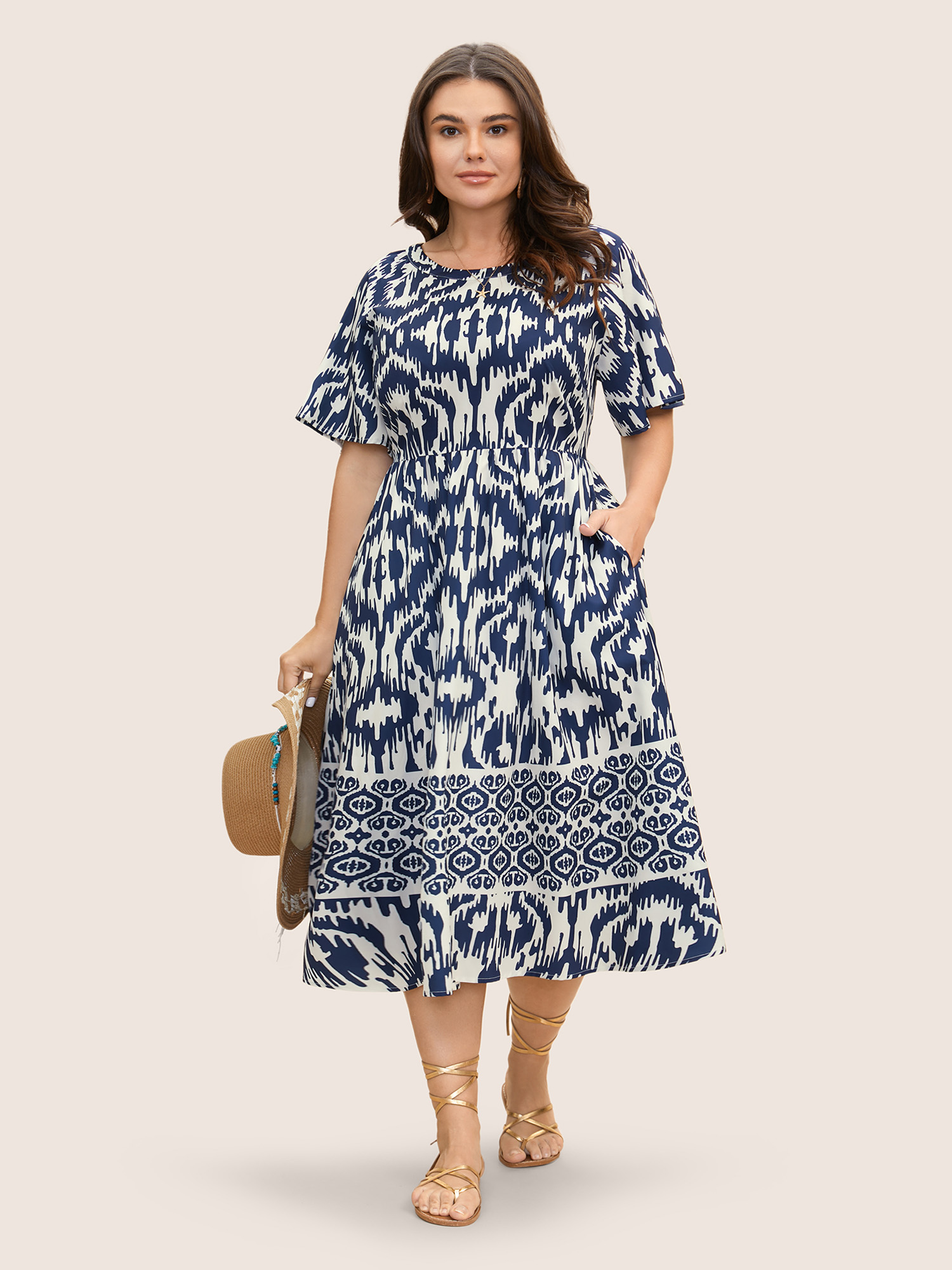 Plus Size Boho Print Ruffle Sleeve Midi Dress DarkBlue Women Resort Non Round Neck Short sleeve Curvy BloomChic 22-24/3X 