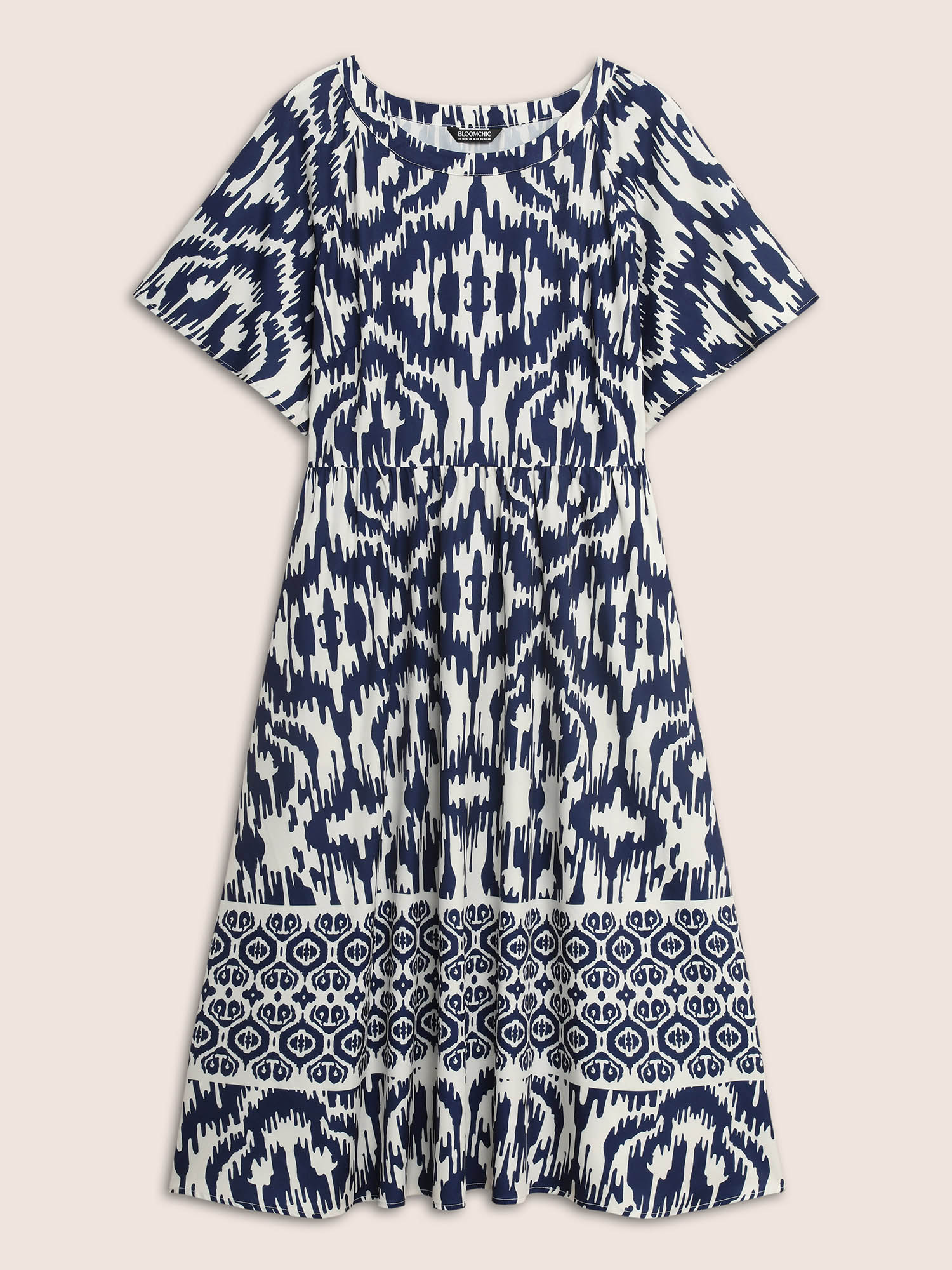 Plus Size Boho Print Ruffle Sleeve Midi Dress DarkBlue Women Resort Non Round Neck Short sleeve Curvy BloomChic 22-24/3X 