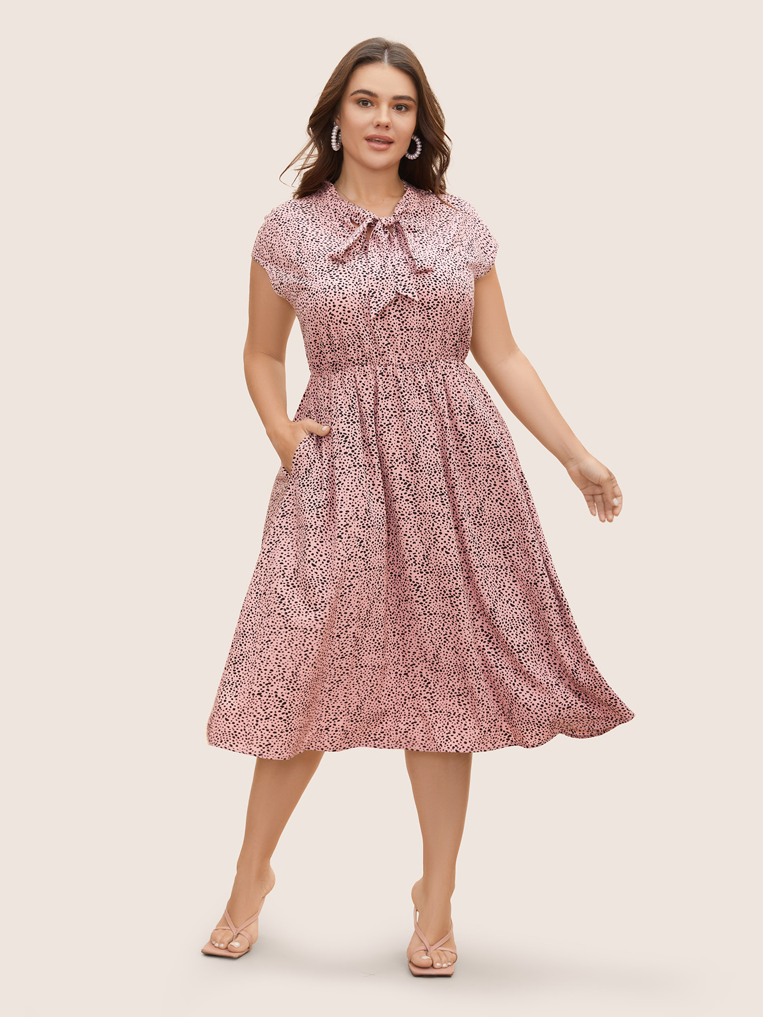 

Plus Size Asymmetrical Polka Dot Tie Knot Midi Dress Beanpastepowder Women Elegant Tie knot Ribbon-tied collar Cap Sleeve Curvy BloomChic