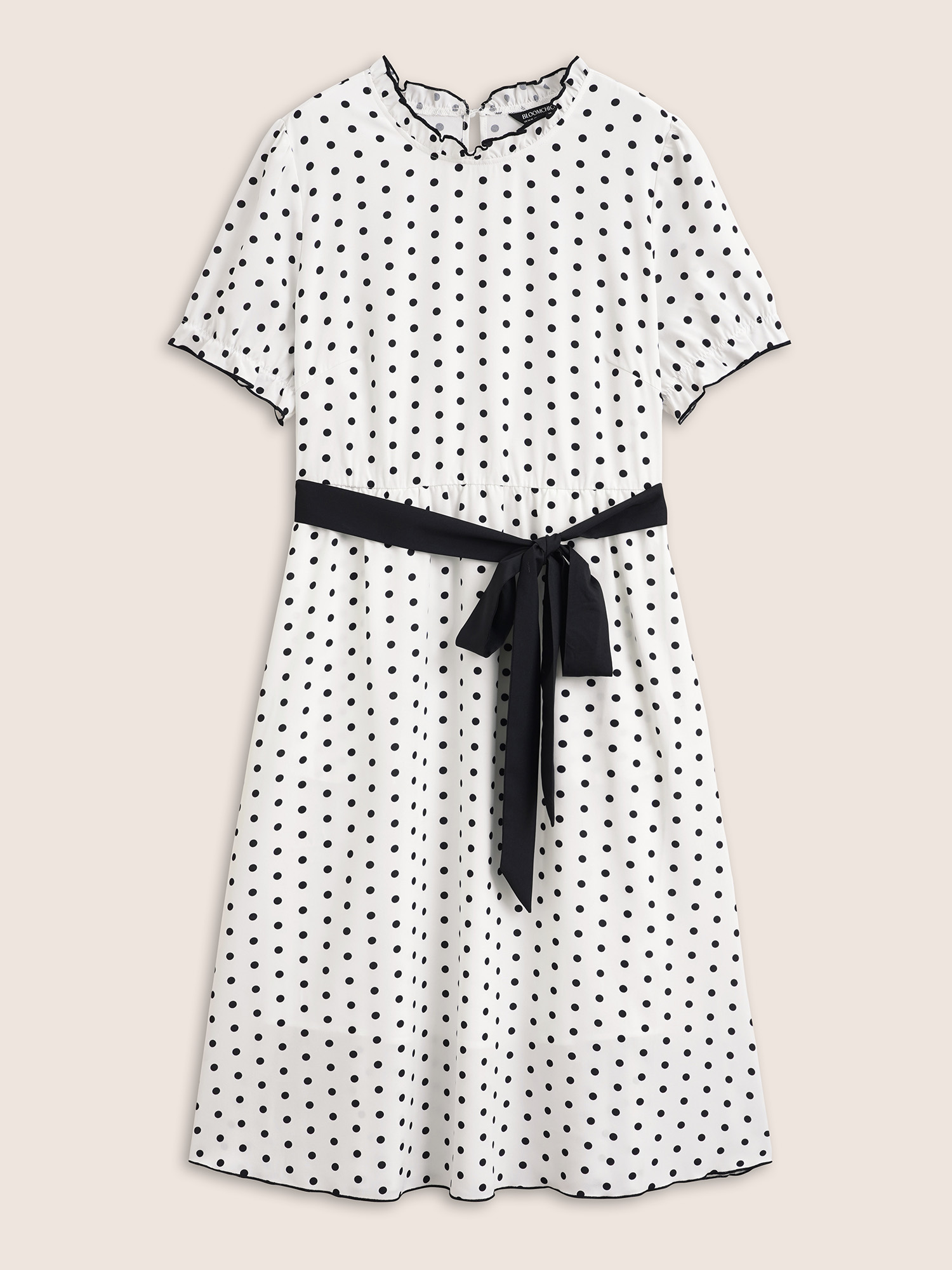 

Plus Size Bow Polka Dot Midi Dress Originalwhite Women Elegant Belted Mock Neck Short sleeve Curvy BloomChic