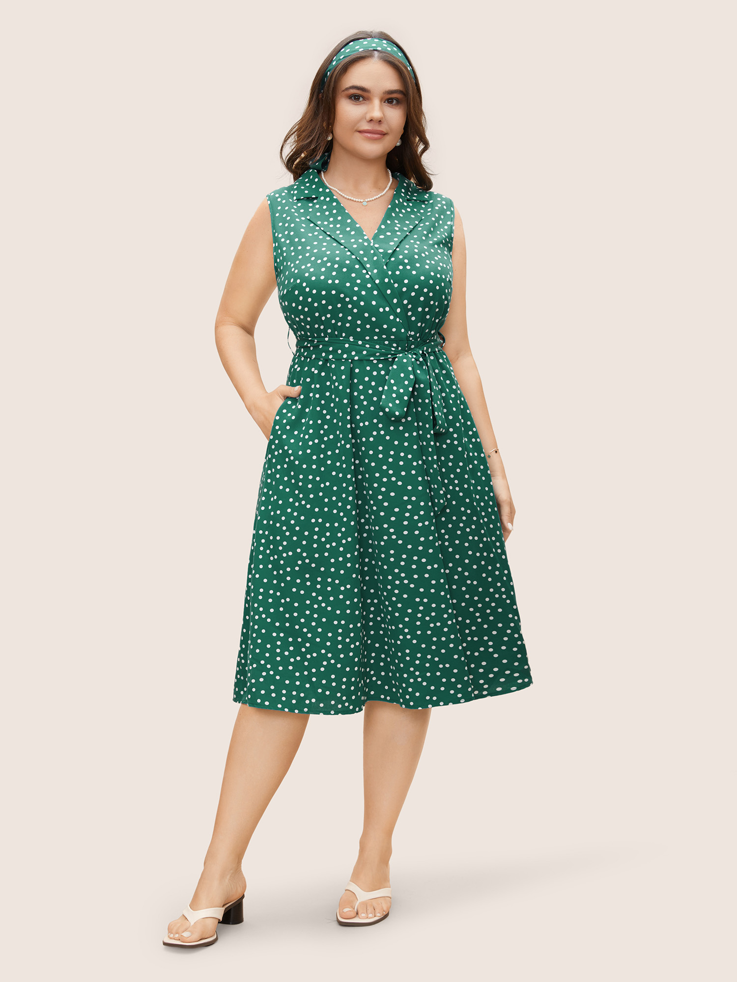 

Plus Size Collared Polka Dot Dress Teal Women Elegant Belted Suit Collar Sleeveless Curvy BloomChic