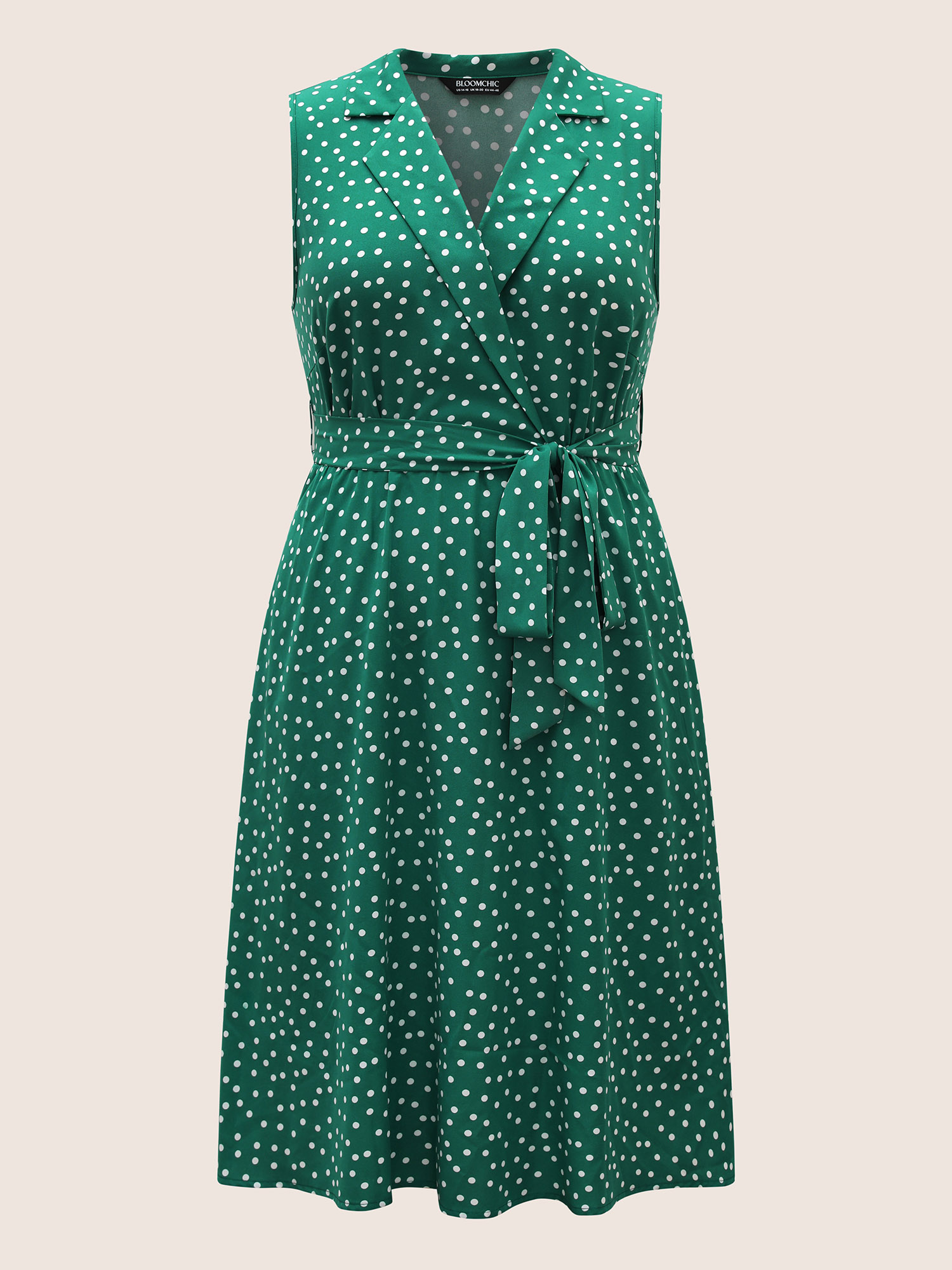 

Plus Size Collared Polka Dot Dress Teal Women Elegant Belted Suit Collar Sleeveless Curvy BloomChic