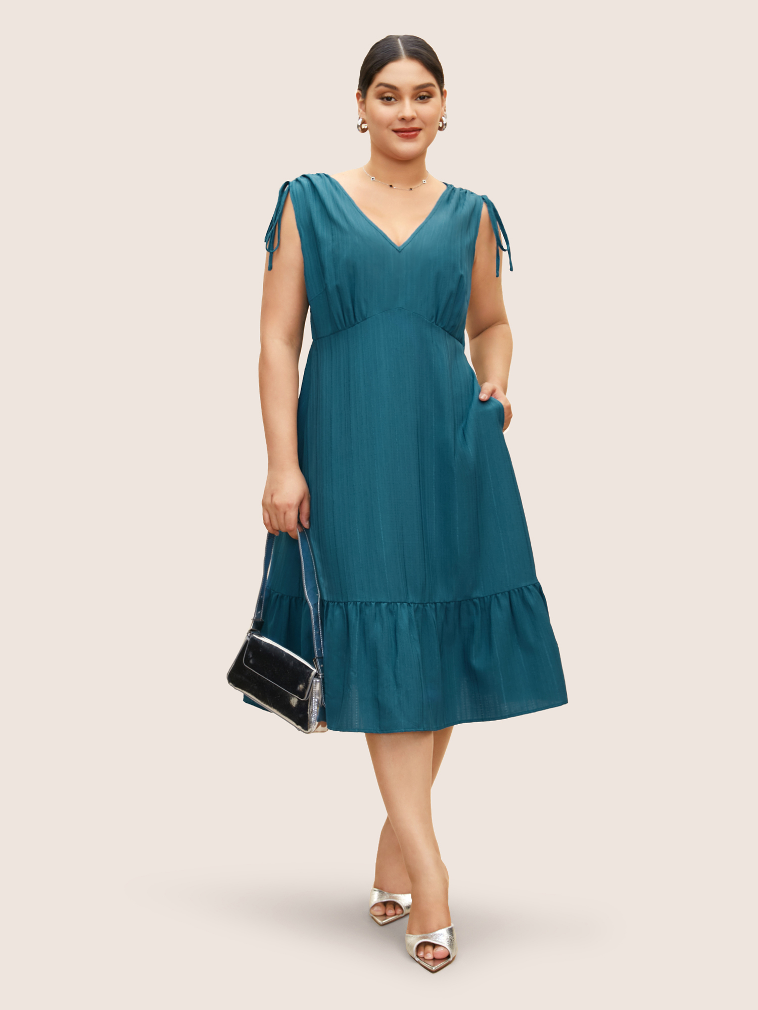 Plus Size Plain Textured Drawstring Ruffle Hem Dress Cerulean Women At the Office Texture V-neck Sleeveless Curvy BloomChic 10/M 