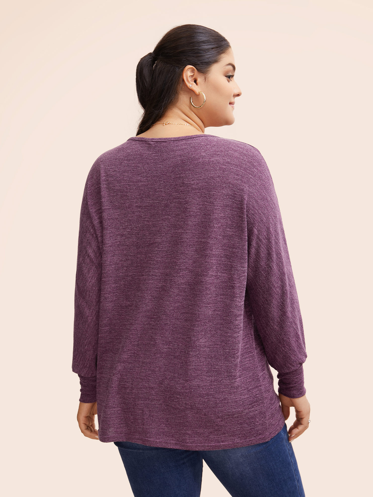 

Plus Size Plain Heather Elastic cuffs Dolman Sleeve T-shirt Purple Women Casual Elastic cuffs Plain Round Neck Everyday T-shirts BloomChic