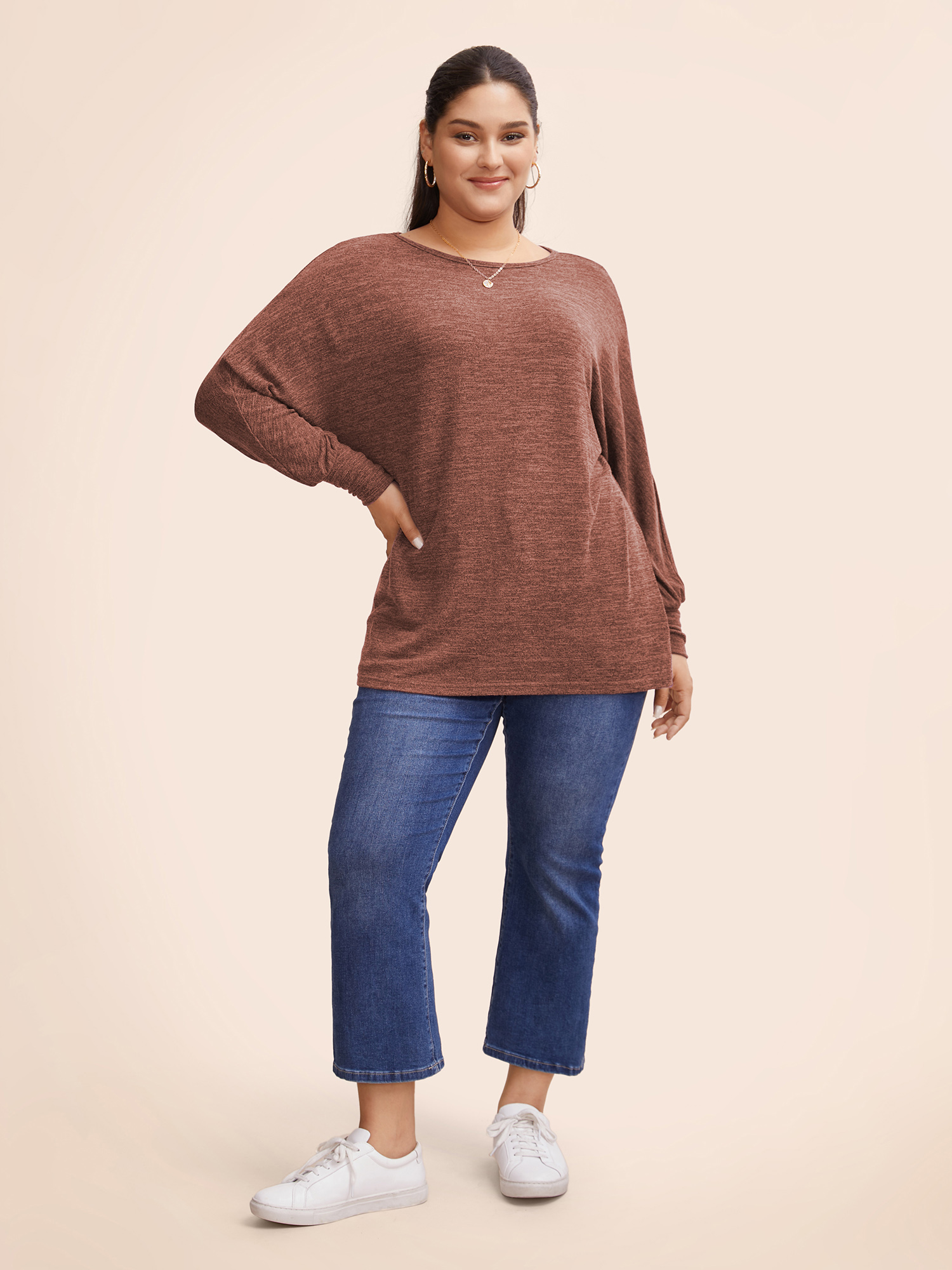 Plus Size Plain Heather Elastic cuffs Dolman Sleeve T-shirt Rust Women Casual Elastic cuffs Plain Round Neck Everyday T-shirts BloomChic 18-20/2X 