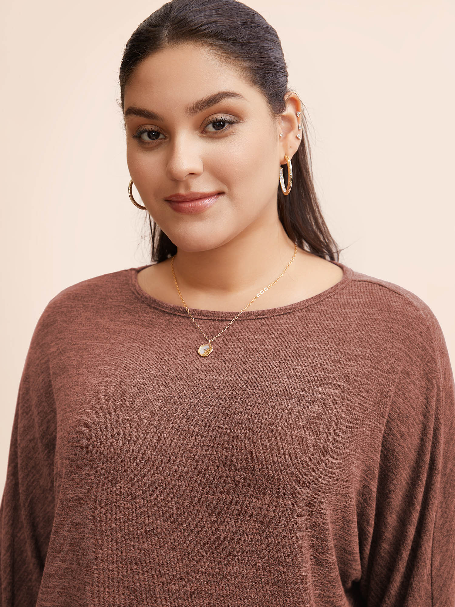 Plus Size Plain Heather Elastic cuffs Dolman Sleeve T-shirt Rust Women Casual Elastic cuffs Plain Round Neck Everyday T-shirts BloomChic 18-20/2X 