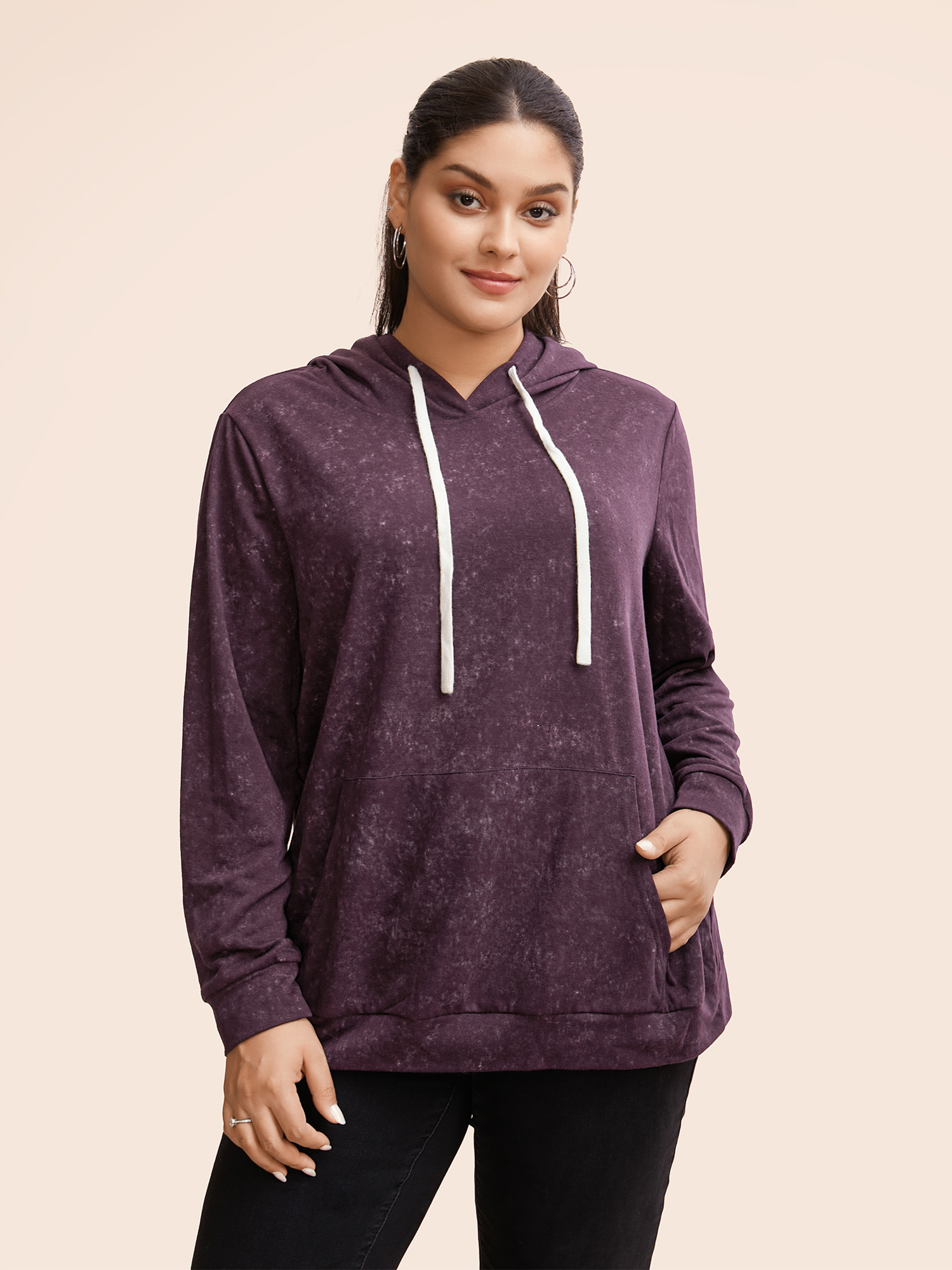 

Plus Size Hooded Ties Pocket Elastic Cuffs Sweatshirt Women Purple Casual Elastic cuffs Hooded Dailywear Sweatshirts BloomChic
