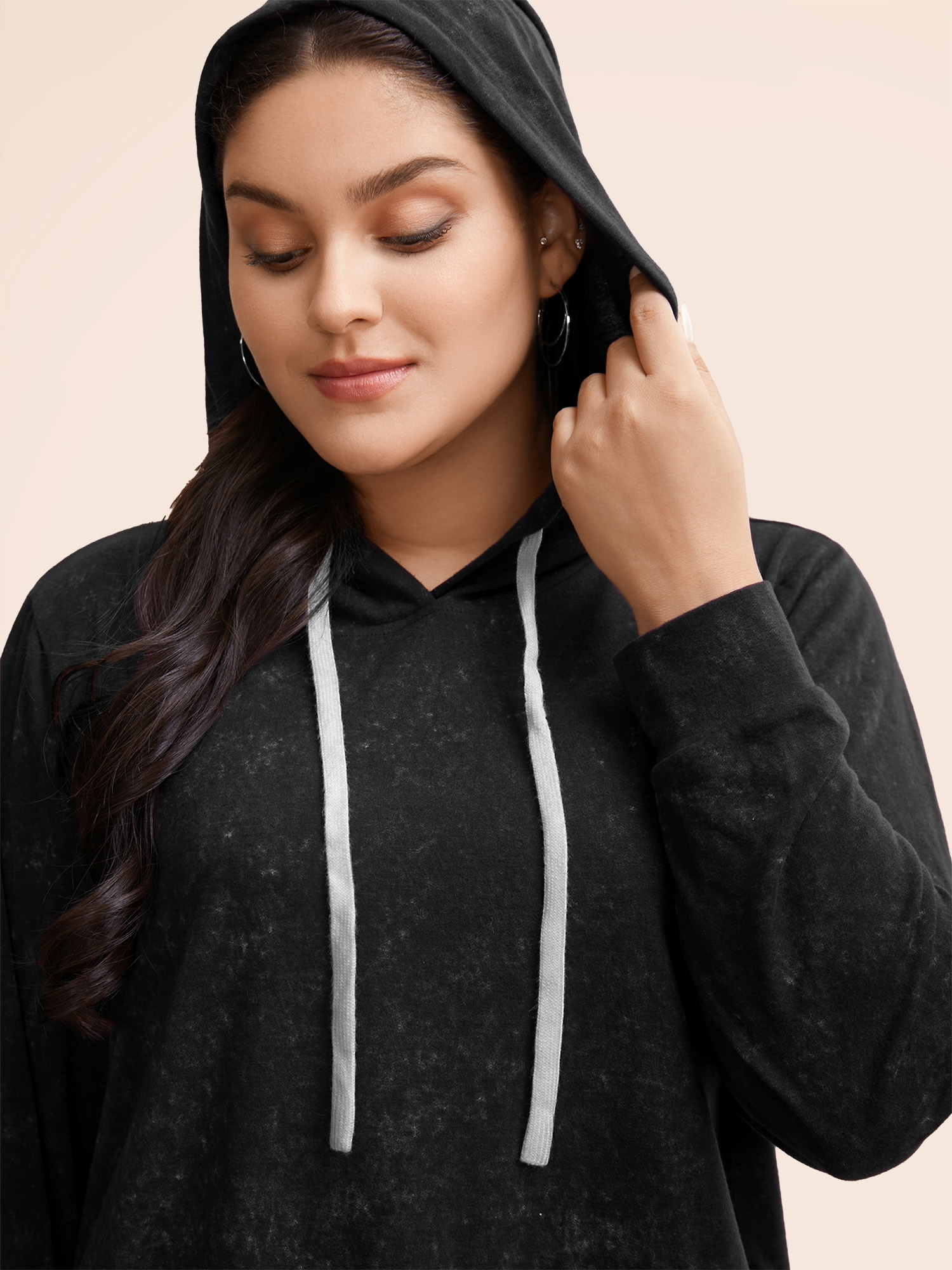 Plus Size Hooded Ties Pocket Elastic Cuffs Sweatshirt Women Black Casual Elastic cuffs Hooded Dailywear Sweatshirts BloomChic 12/L 
