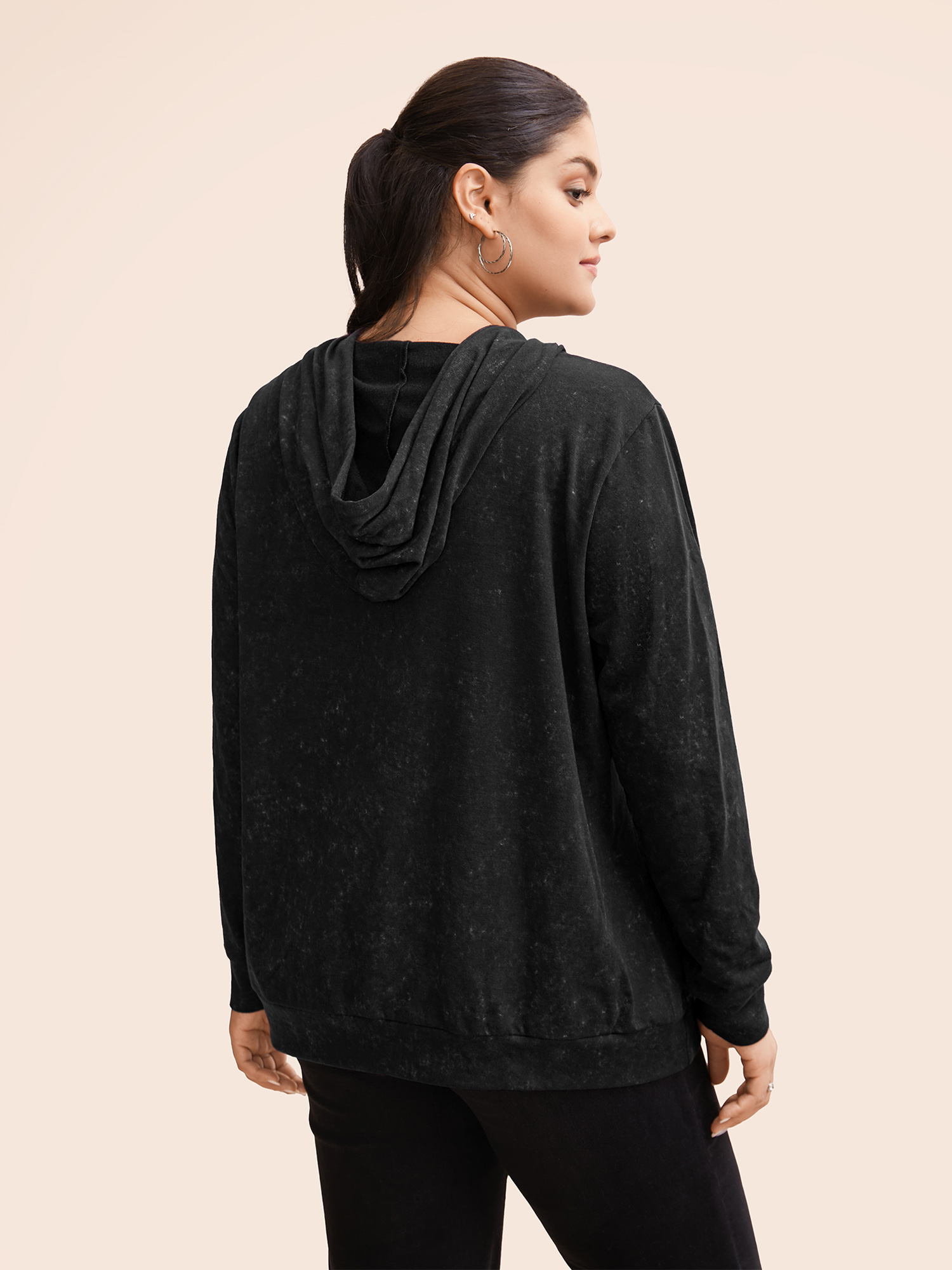 Plus Size Hooded Ties Pocket Elastic Cuffs Sweatshirt Women Black Casual Elastic cuffs Hooded Dailywear Sweatshirts BloomChic 12/L 