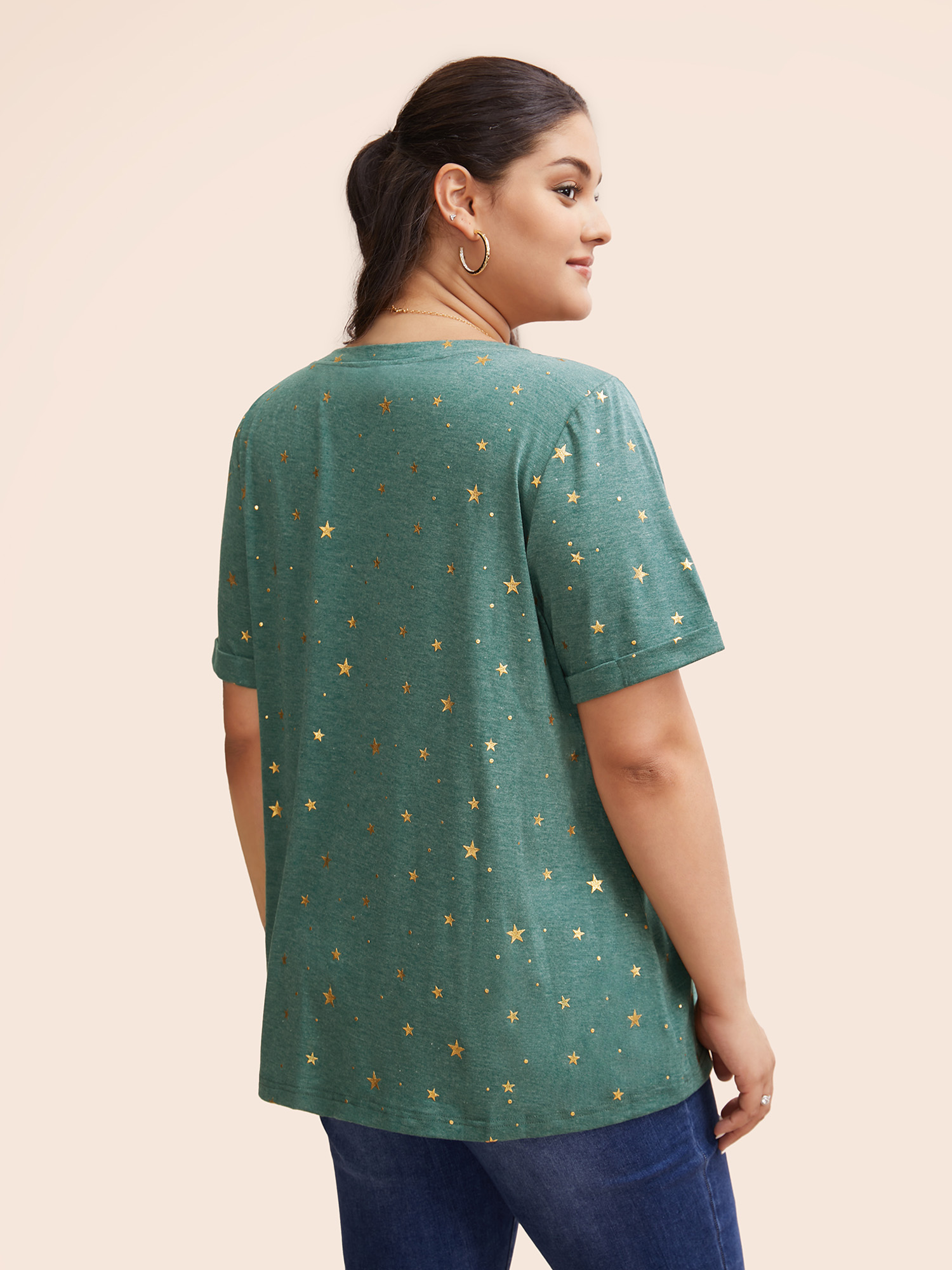 

Plus Size Star Glitter Cuffed Sleeve Crew Neck T-shirt Cyan Women Casual Heather Moon and Star Round Neck Dailywear T-shirts BloomChic