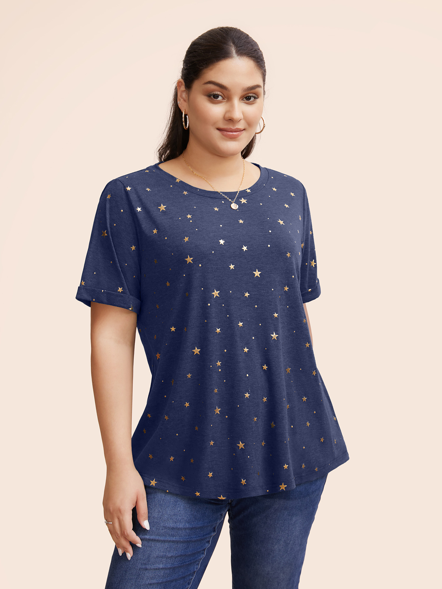 

Plus Size Star Glitter Cuffed Sleeve Crew Neck T-shirt Indigo Women Casual Heather Moon and Star Round Neck Dailywear T-shirts BloomChic