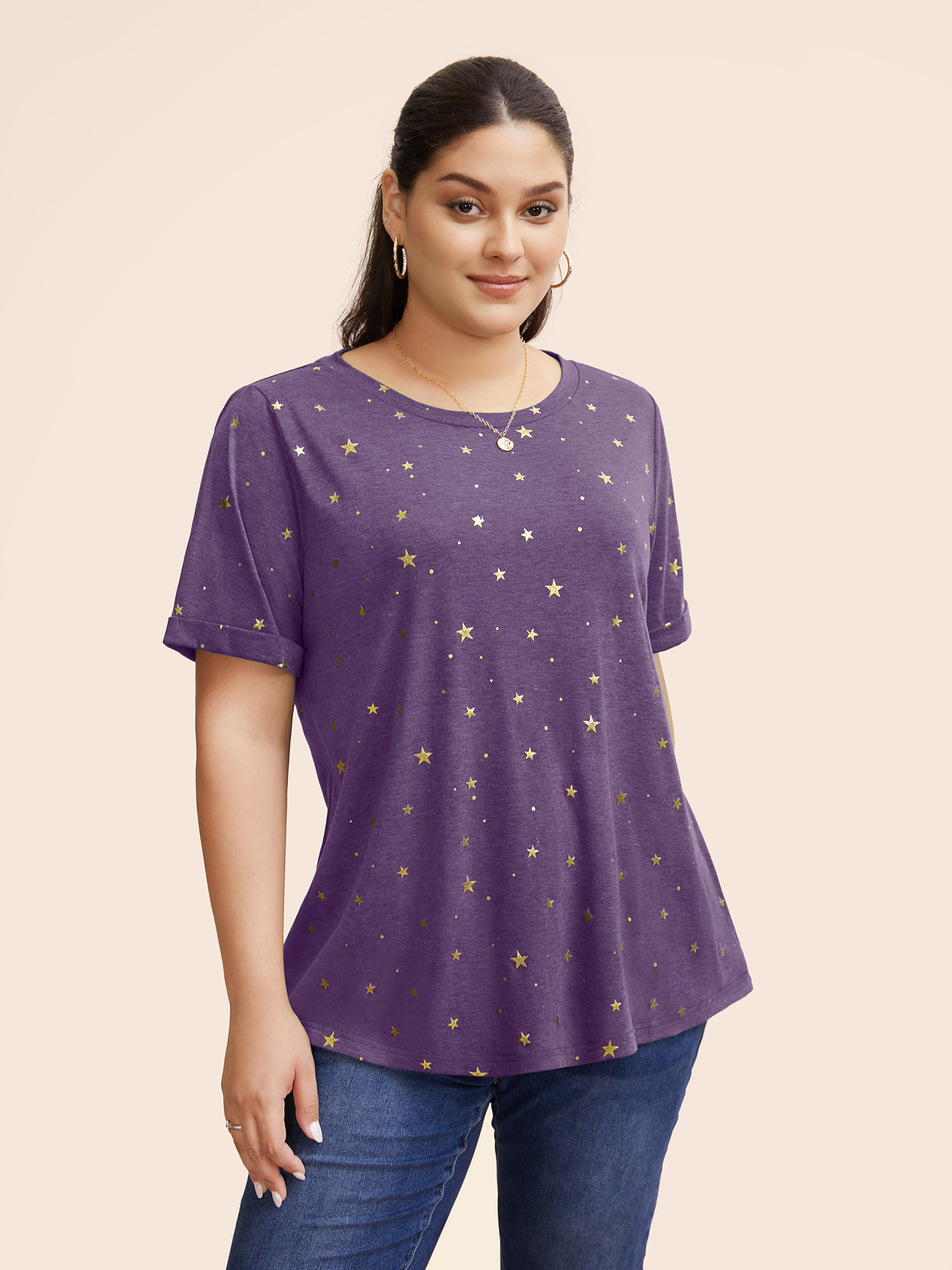 

Plus Size Star Glitter Cuffed Sleeve Crew Neck T-shirt Purple Women Casual Heather Moon and Star Round Neck Dailywear T-shirts BloomChic