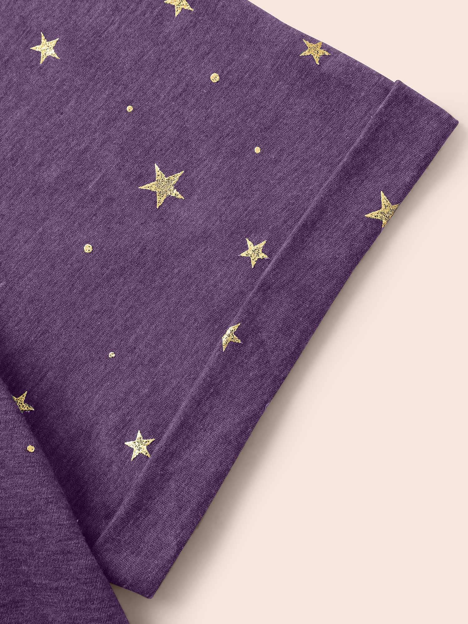 

Plus Size Star Glitter Cuffed Sleeve Crew Neck T-shirt Purple Women Casual Heather Moon and Star Round Neck Dailywear T-shirts BloomChic