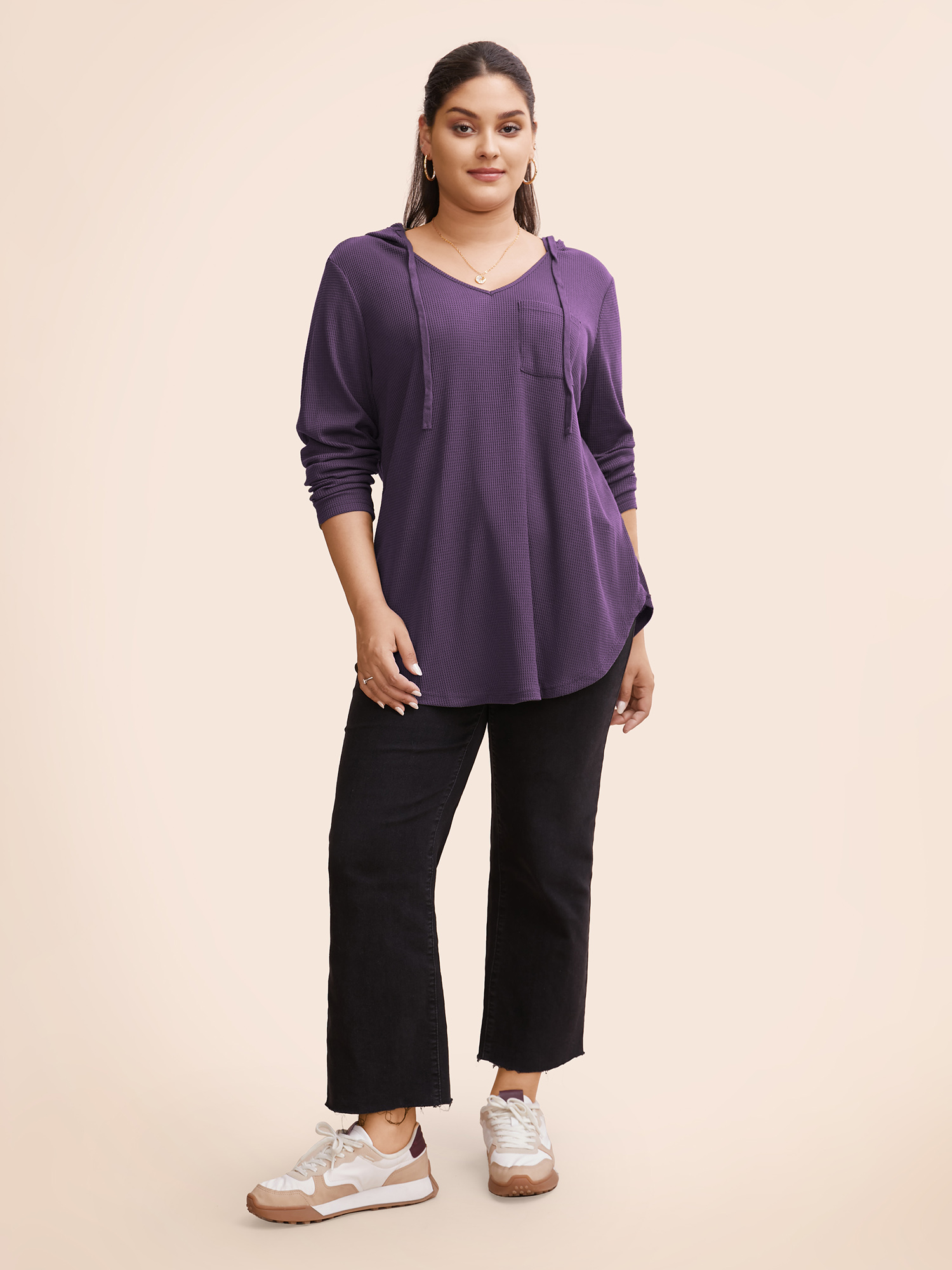 

Plus Size Waffle Knit Pocket Hooded Drawstring Arc Hem T-shirt Purple Women Casual Texture Plain Hooded Everyday T-shirts BloomChic
