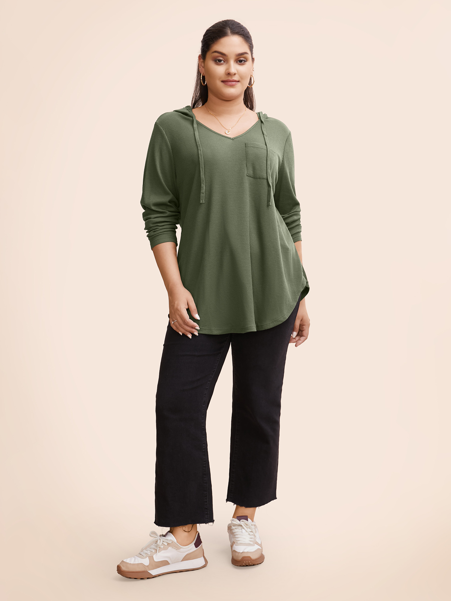Plus Size Waffle Knit Pocket Hooded Drawstring Arc Hem T-shirt Green Women Casual Texture Plain Hooded Everyday T-shirts BloomChic 10/M 