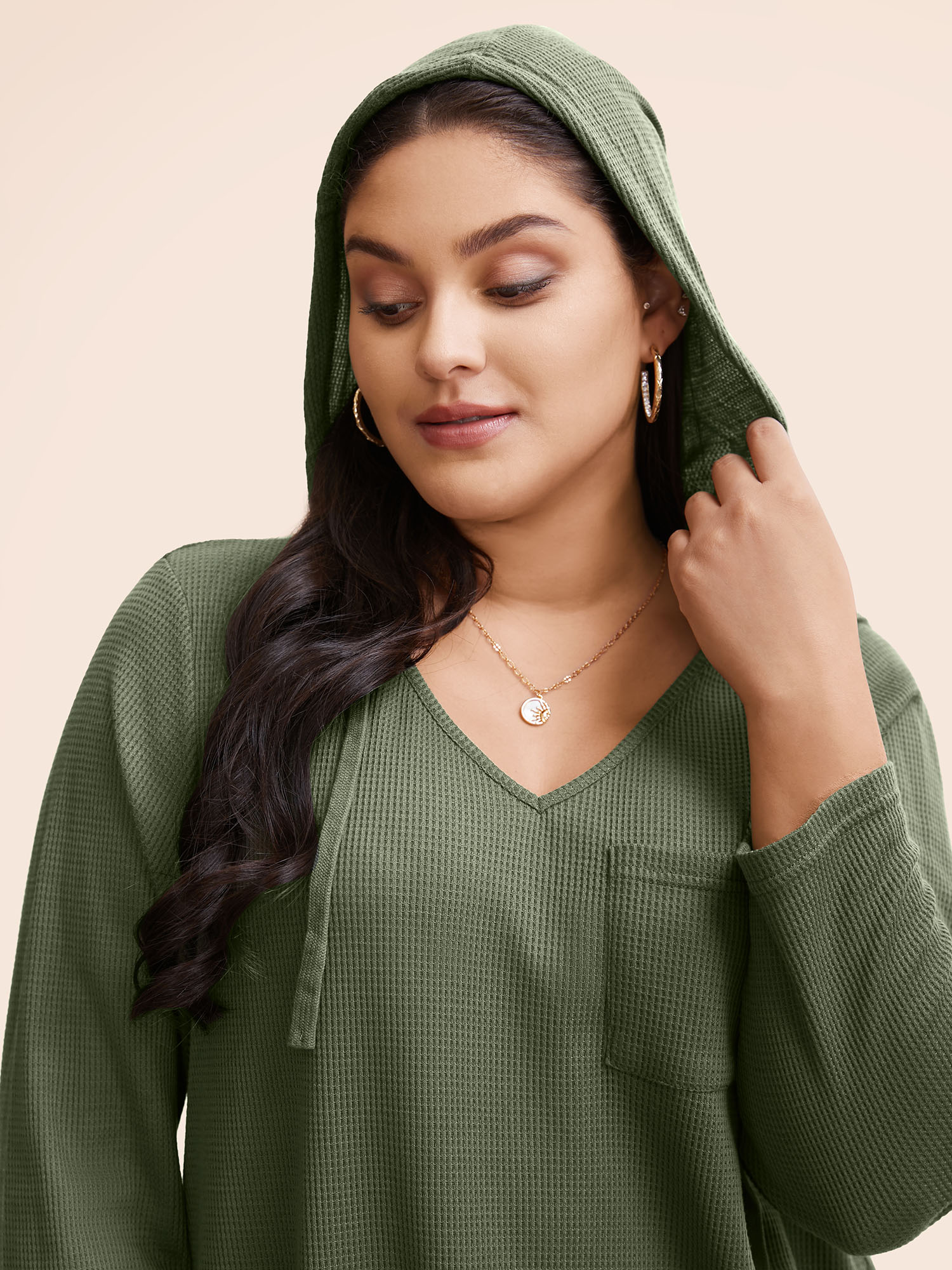 Plus Size Waffle Knit Pocket Hooded Drawstring Arc Hem T-shirt Green Women Casual Texture Plain Hooded Everyday T-shirts BloomChic 10/M 