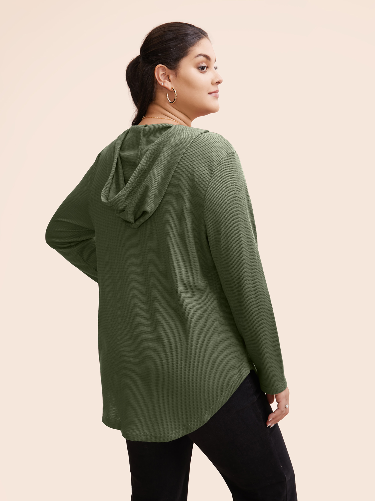 Plus Size Waffle Knit Pocket Hooded Drawstring Arc Hem T-shirt Green Women Casual Texture Plain Hooded Everyday T-shirts BloomChic 10/M 
