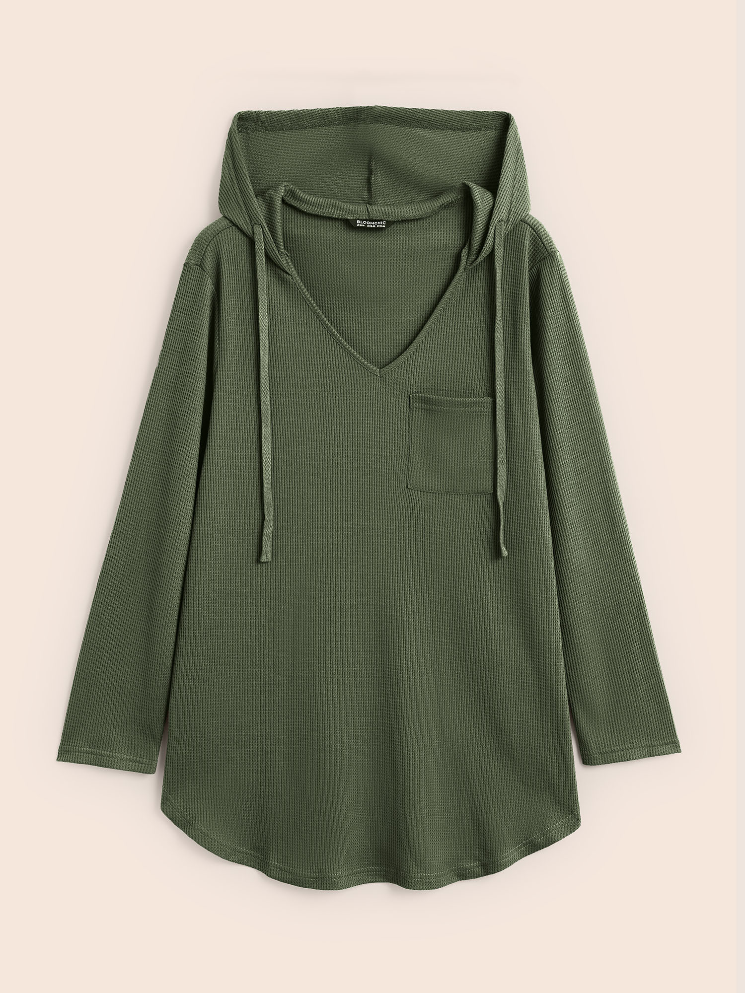 Plus Size Waffle Knit Pocket Hooded Drawstring Arc Hem T-shirt Green Women Casual Texture Plain Hooded Everyday T-shirts BloomChic 10/M 