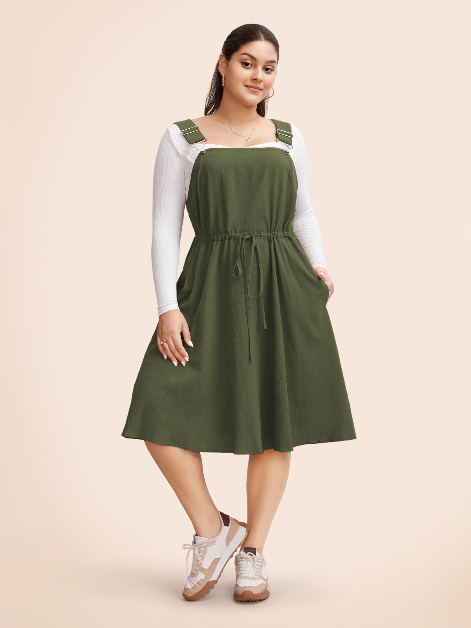 

Plus Size Plain Drawstring Pocket Metal Detail Suspender Skirt ArmyGreen Women Casual Adjustable Straps Spaghetti Strap Sleeveless Curvy Midi Dress BloomChic