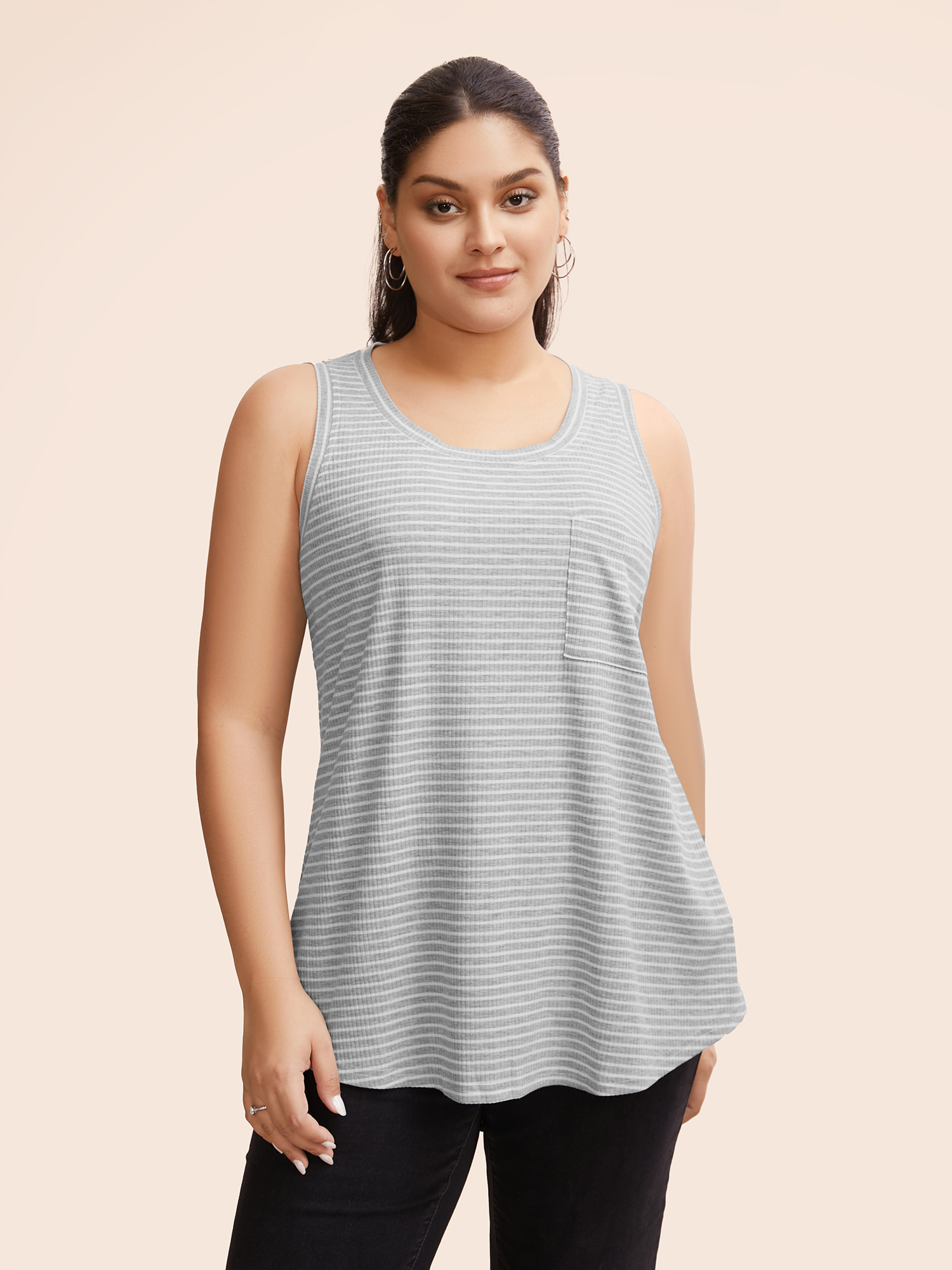 

Plus Size Striped Pocket Arc Hem Tank Top Women Silver Casual Everyday Tank Tops Camis BloomChic