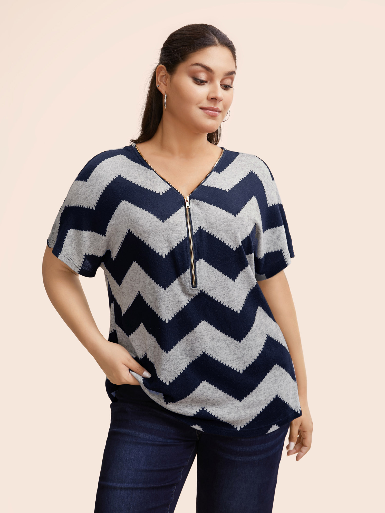 

Plus Size Striped Zipper Batwing Sleeve T-shirt DarkBlue Women Casual Zipper Striped V-neck Dailywear T-shirts BloomChic