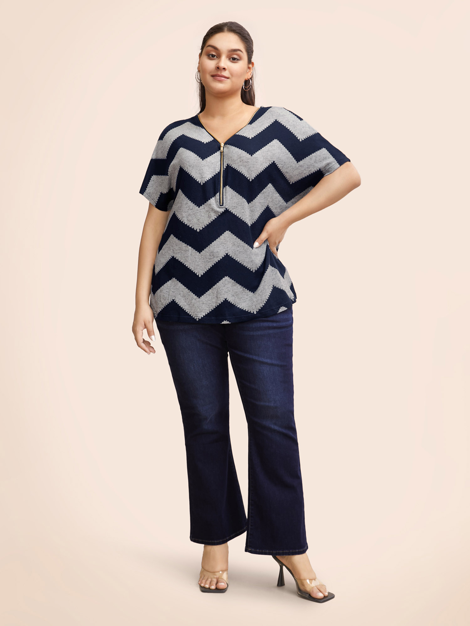 

Plus Size Striped Zipper Batwing Sleeve T-shirt DarkBlue Women Casual Zipper Striped V-neck Dailywear T-shirts BloomChic