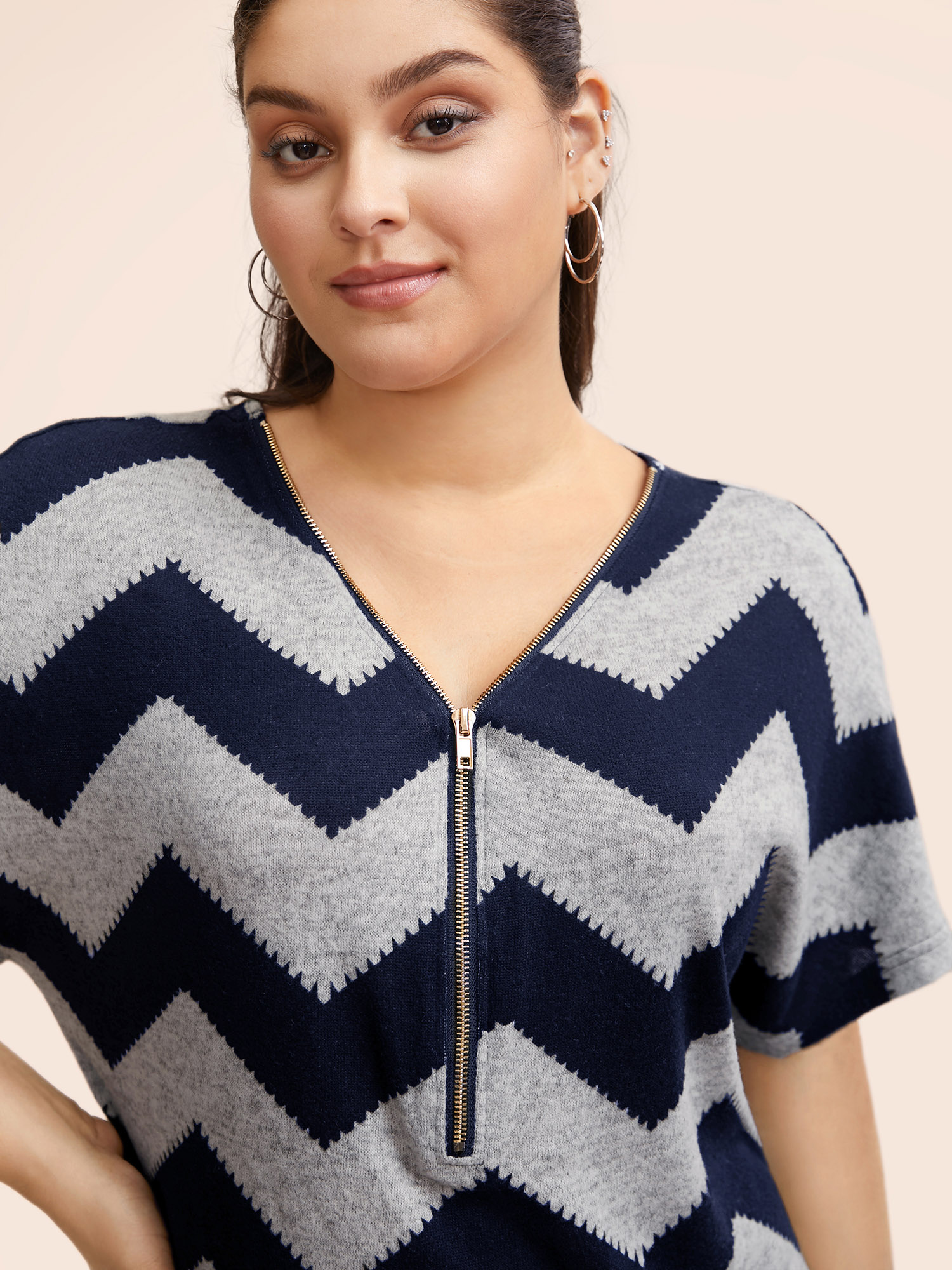 Plus Size Striped Zipper Batwing Sleeve T-shirt DarkBlue Women Casual Zipper Striped V-neck Dailywear T-shirts BloomChic 10/M 