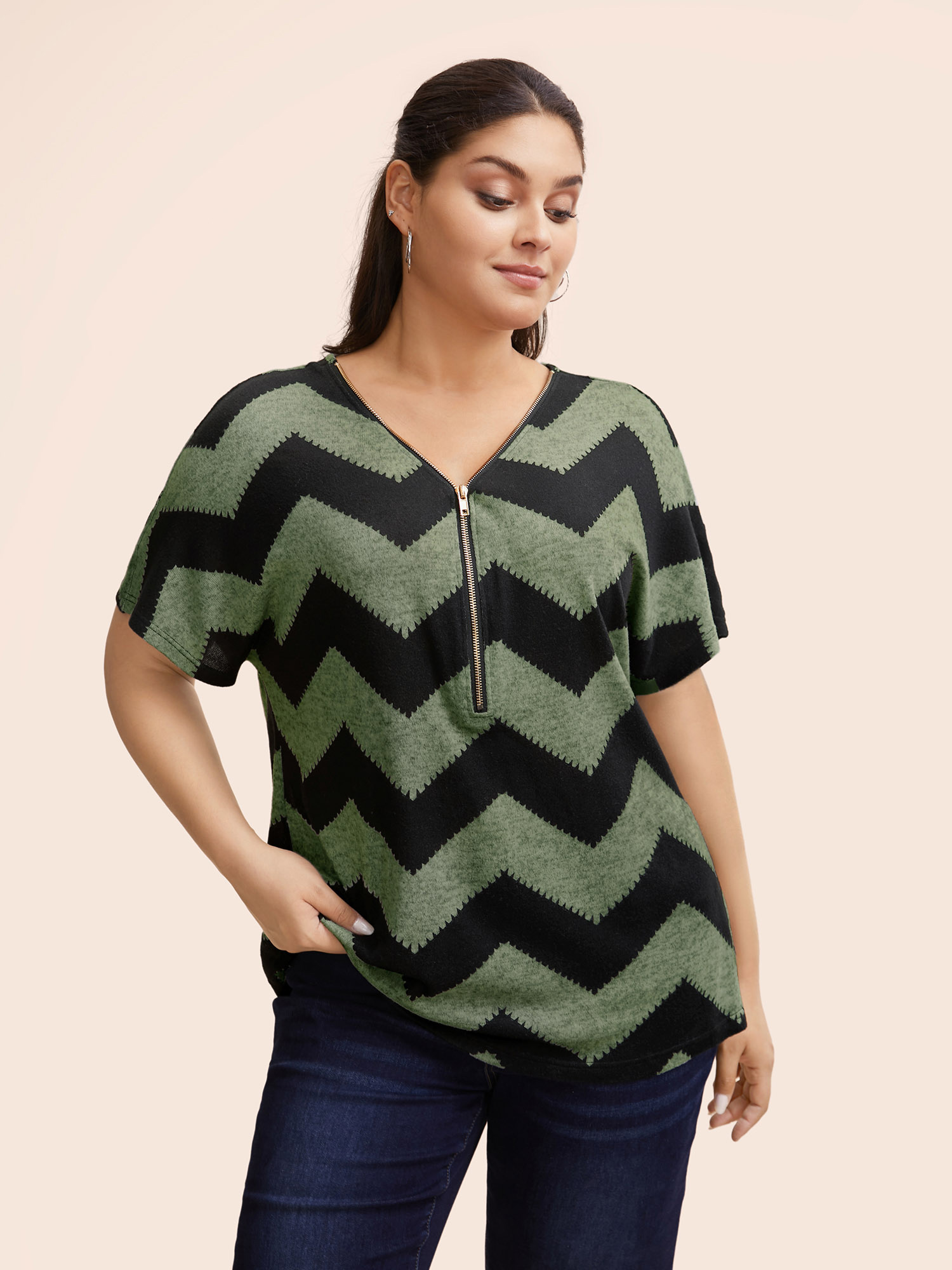 

Plus Size Striped Zipper Batwing Sleeve T-shirt ArmyGreen Women Casual Zipper Striped V-neck Dailywear T-shirts BloomChic