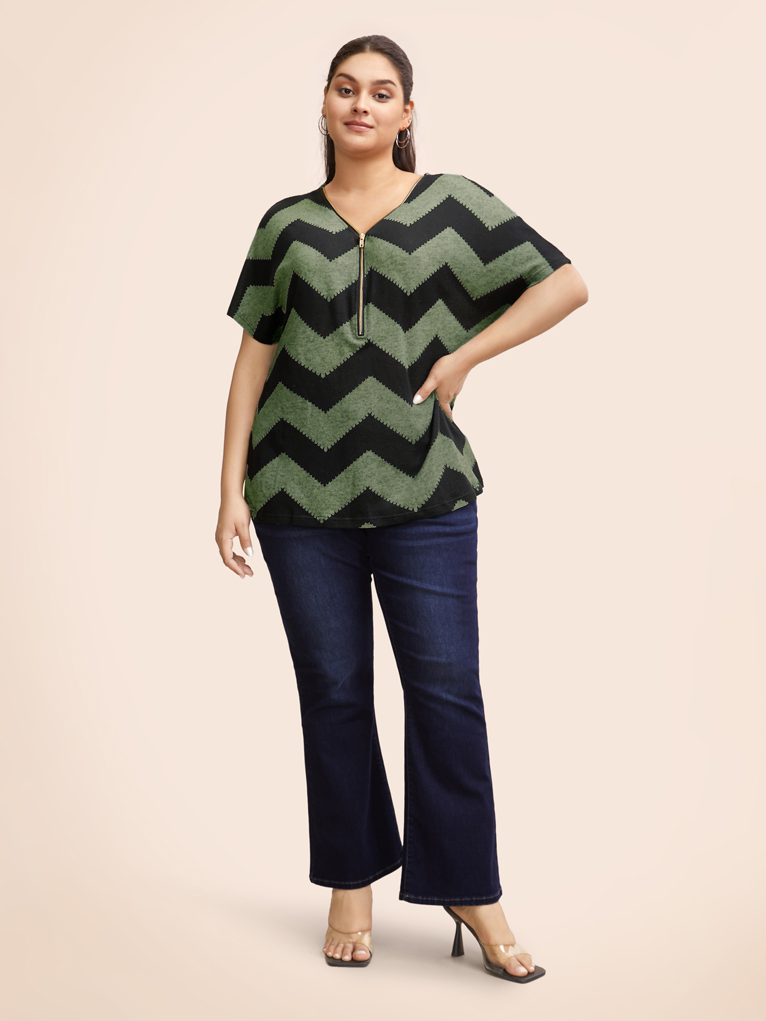 Plus Size Striped Zipper Batwing Sleeve T-shirt ArmyGreen Women Casual Zipper Striped V-neck Dailywear T-shirts BloomChic 10/M 