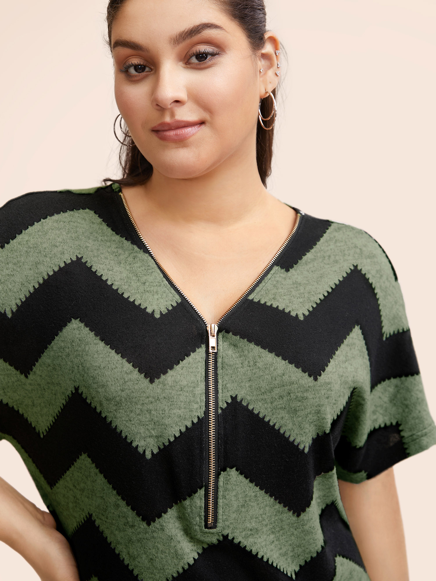Plus Size Striped Zipper Batwing Sleeve T-shirt ArmyGreen Women Casual Zipper Striped V-neck Dailywear T-shirts BloomChic 10/M 