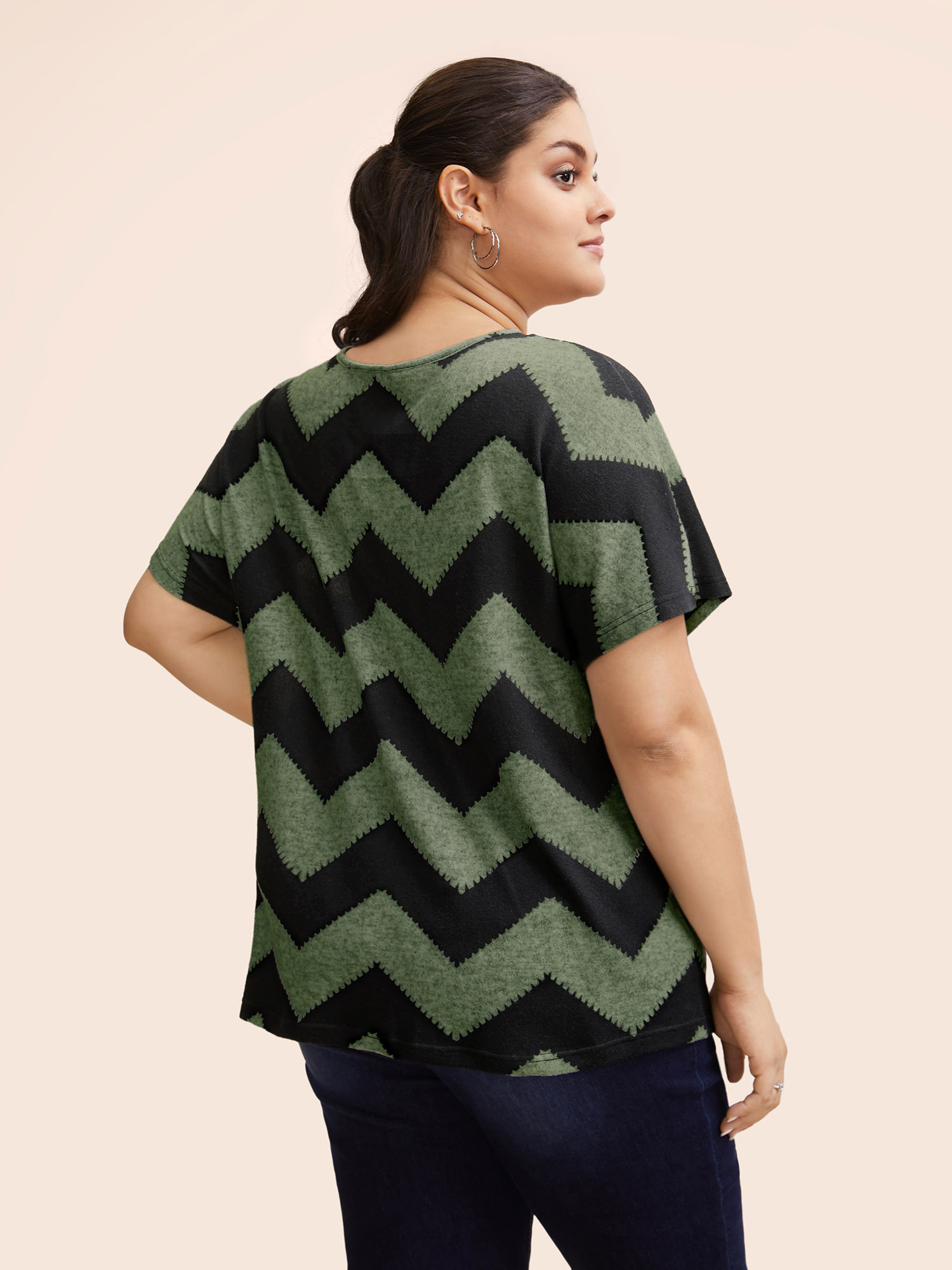 

Plus Size Striped Zipper Batwing Sleeve T-shirt ArmyGreen Women Casual Zipper Striped V-neck Dailywear T-shirts BloomChic