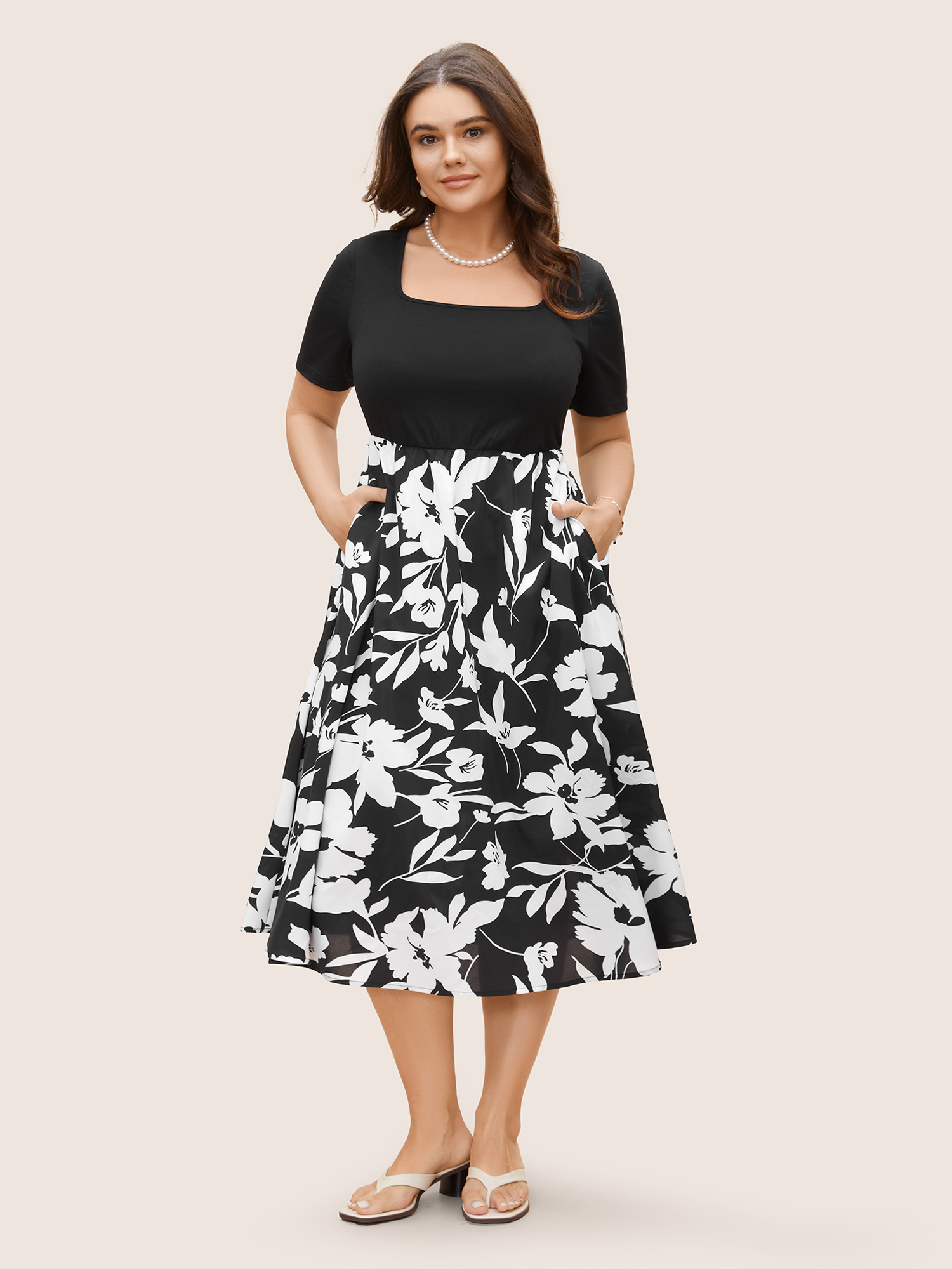 

Plus Size Square Neck Silhouette Floral Print Midi Dress Black Women Elegant Patchwork Square Neck Short sleeve Curvy BloomChic