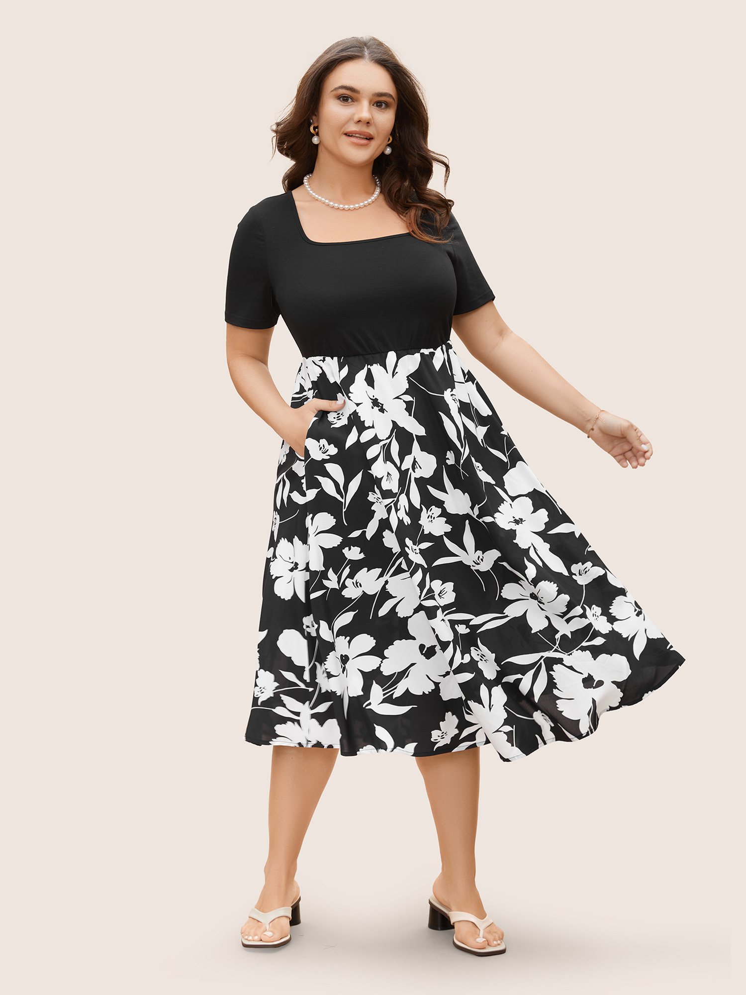 

Plus Size Square Neck Silhouette Floral Print Midi Dress Black Women Elegant Patchwork Square Neck Short sleeve Curvy BloomChic