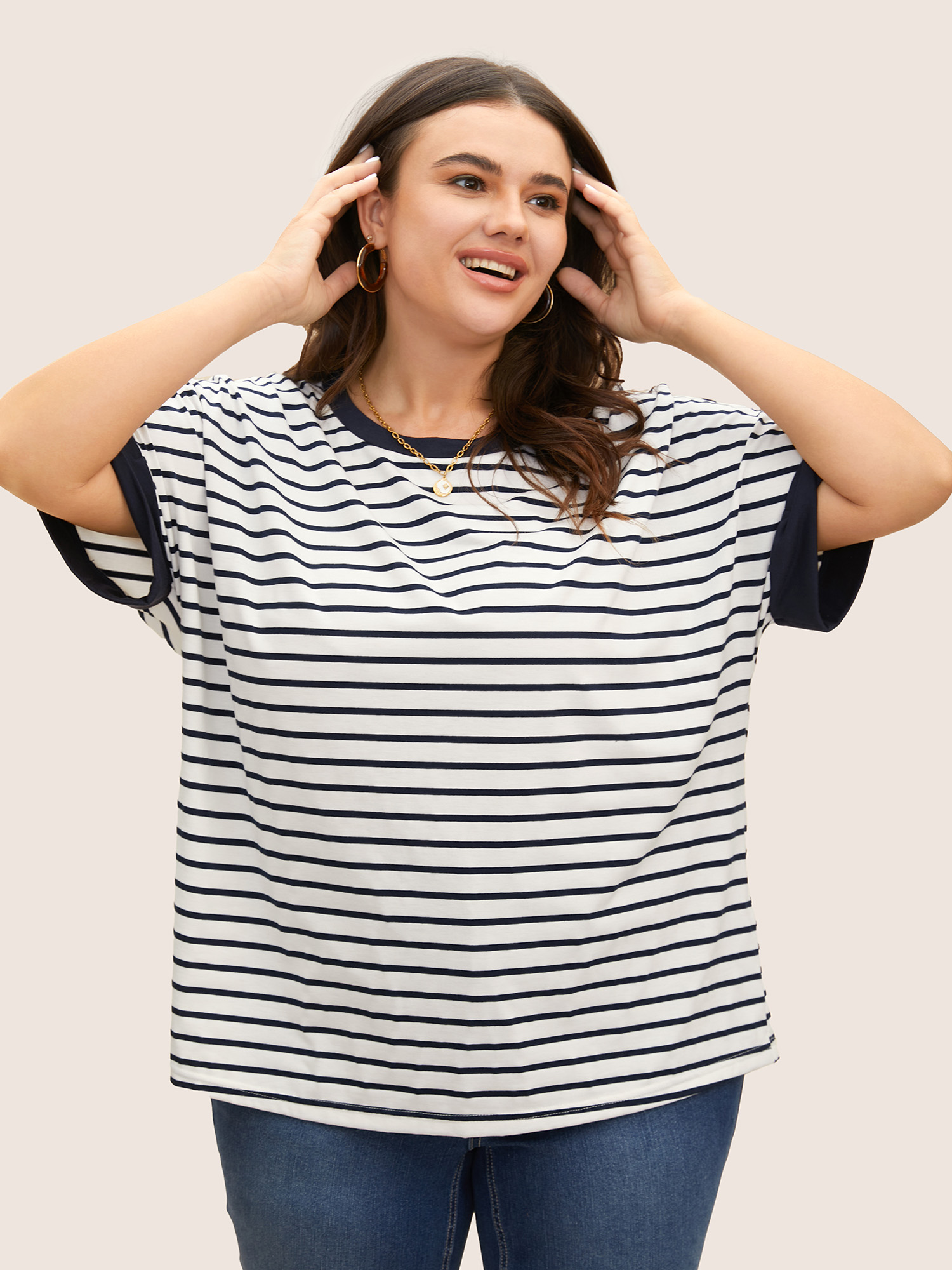 

Plus Size Round Neck Striped Dolman Sleeve T-shirt Indigo Women Casual Contrast Round Neck Everyday T-shirts BloomChic