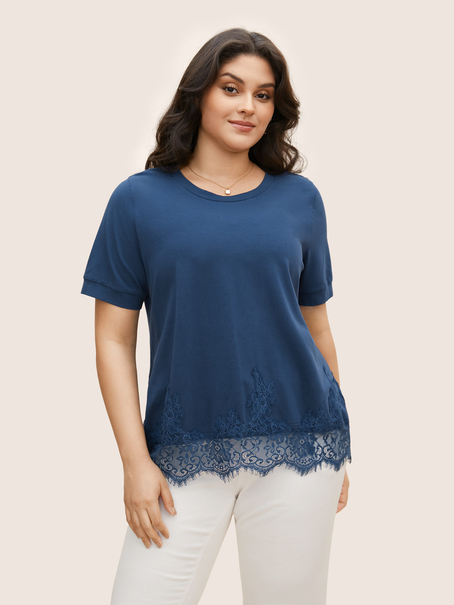 

Plus Size Round Neck Solid Lace Panel T-shirt Indigo Women Elegant Patchwork Round Neck Everyday T-shirts BloomChic