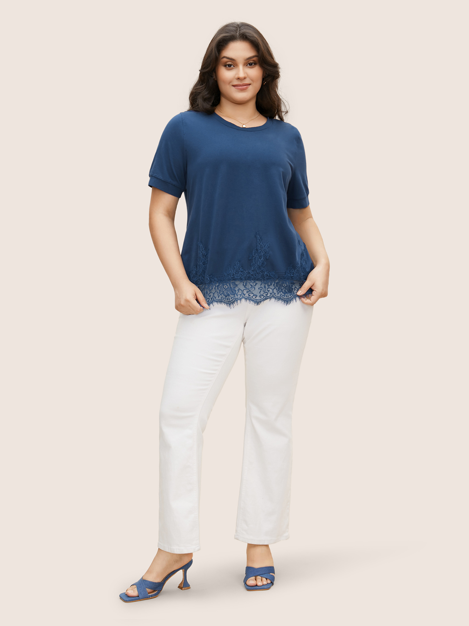 Plus Size Round Neck Solid Lace Panel T-shirt Indigo Women Elegant Patchwork Round Neck Everyday T-shirts BloomChic 14-16/1X 