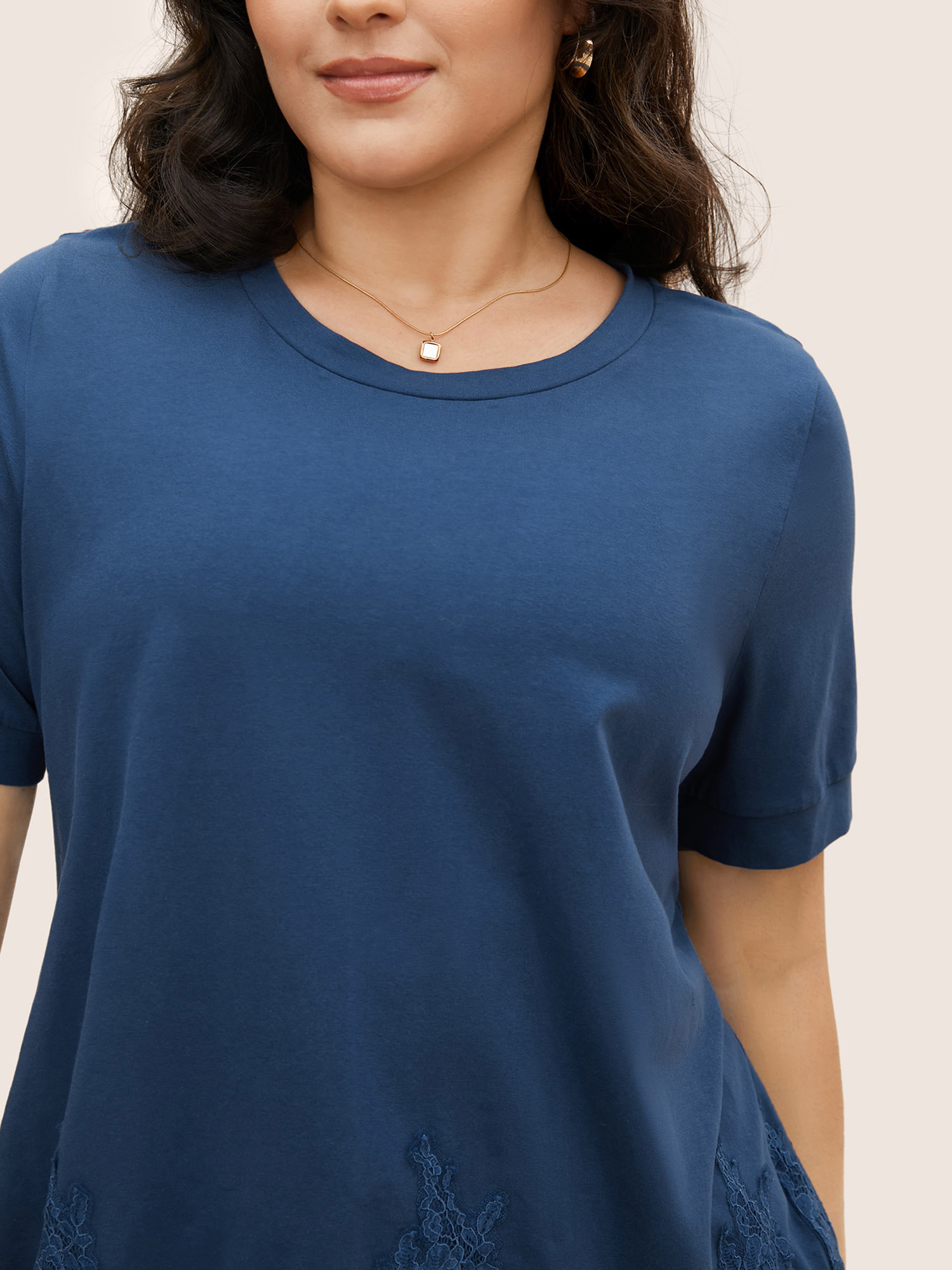 Plus Size Round Neck Solid Lace Panel T-shirt Indigo Women Elegant Patchwork Round Neck Everyday T-shirts BloomChic 14-16/1X 