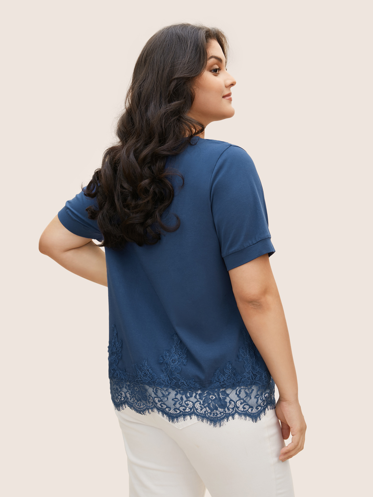 Plus Size Round Neck Solid Lace Panel T-shirt Indigo Women Elegant Patchwork Round Neck Everyday T-shirts BloomChic 14-16/1X 