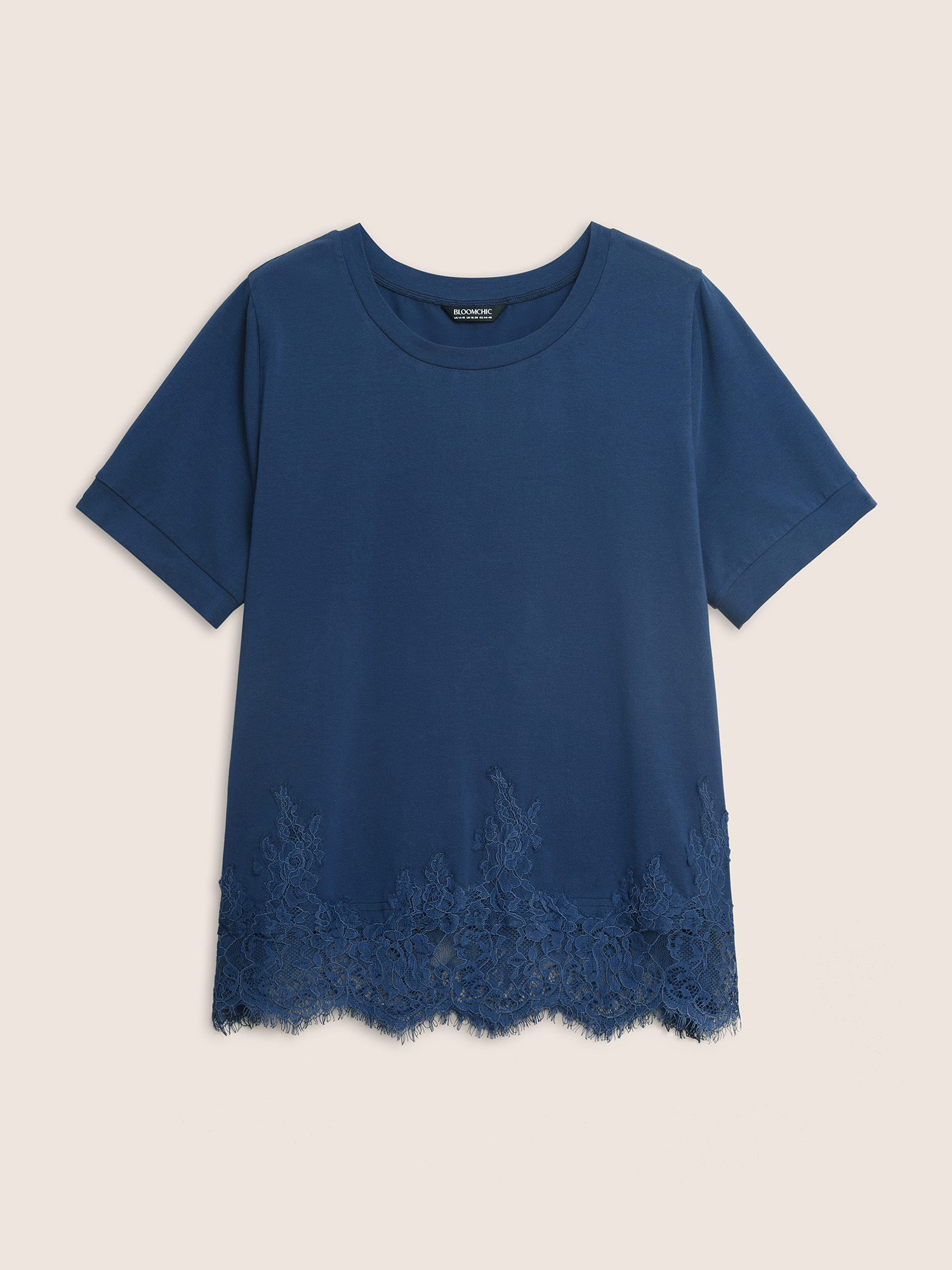 Plus Size Round Neck Solid Lace Panel T-shirt Indigo Women Elegant Patchwork Round Neck Everyday T-shirts BloomChic 14-16/1X 