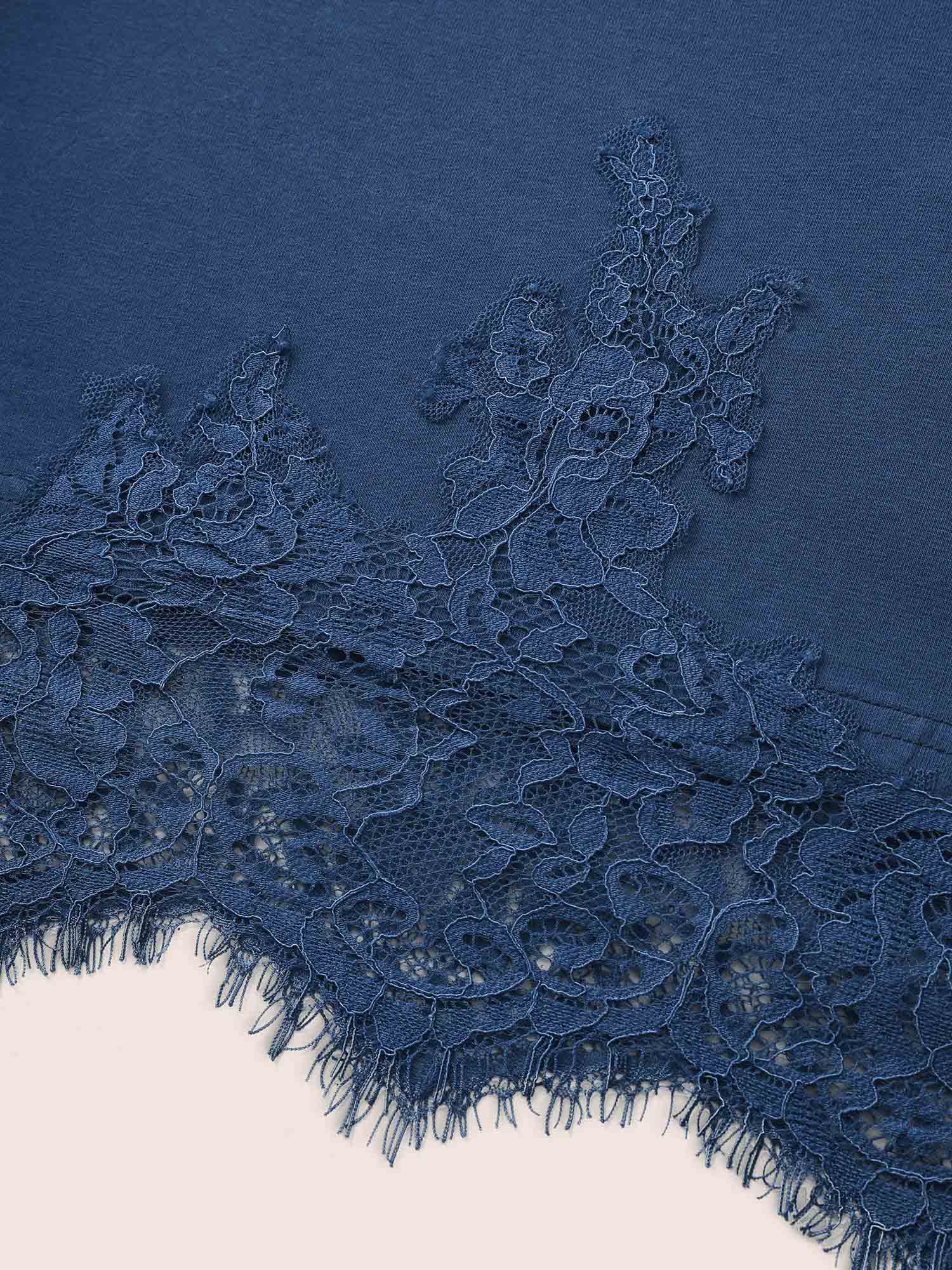 Plus Size Round Neck Solid Lace Panel T-shirt Indigo Women Elegant Patchwork Round Neck Everyday T-shirts BloomChic 14-16/1X 