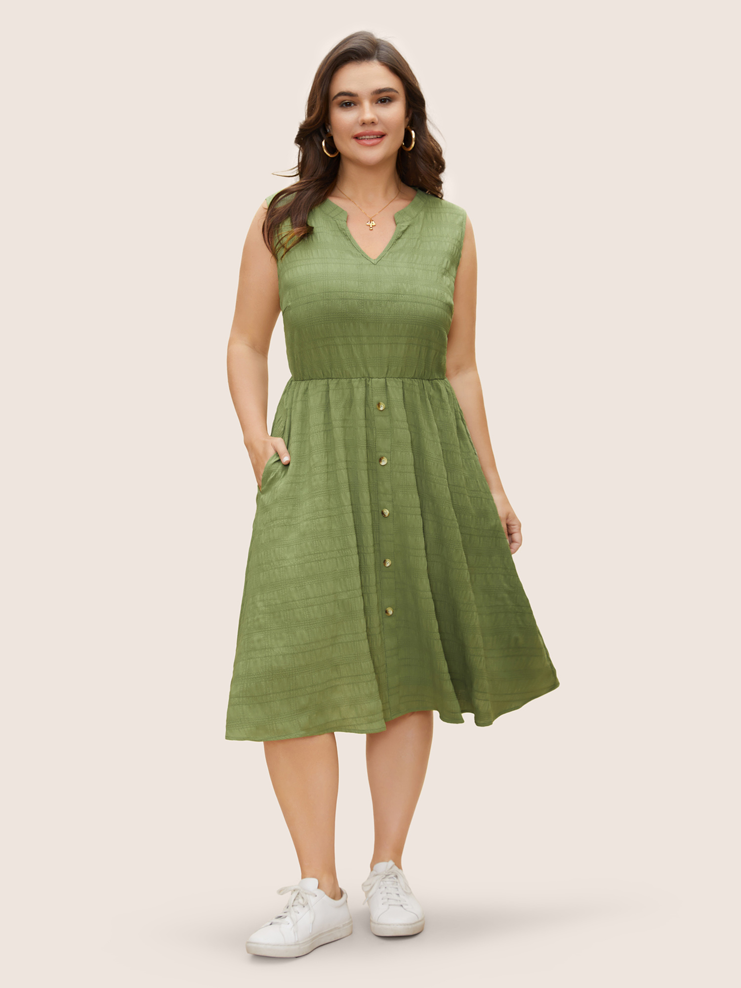 

Plus Size Textured Notched Button Detail Midi Dress Sage Women Casual Texture Flat collar with V-notch Sleeveless Curvy BloomChic