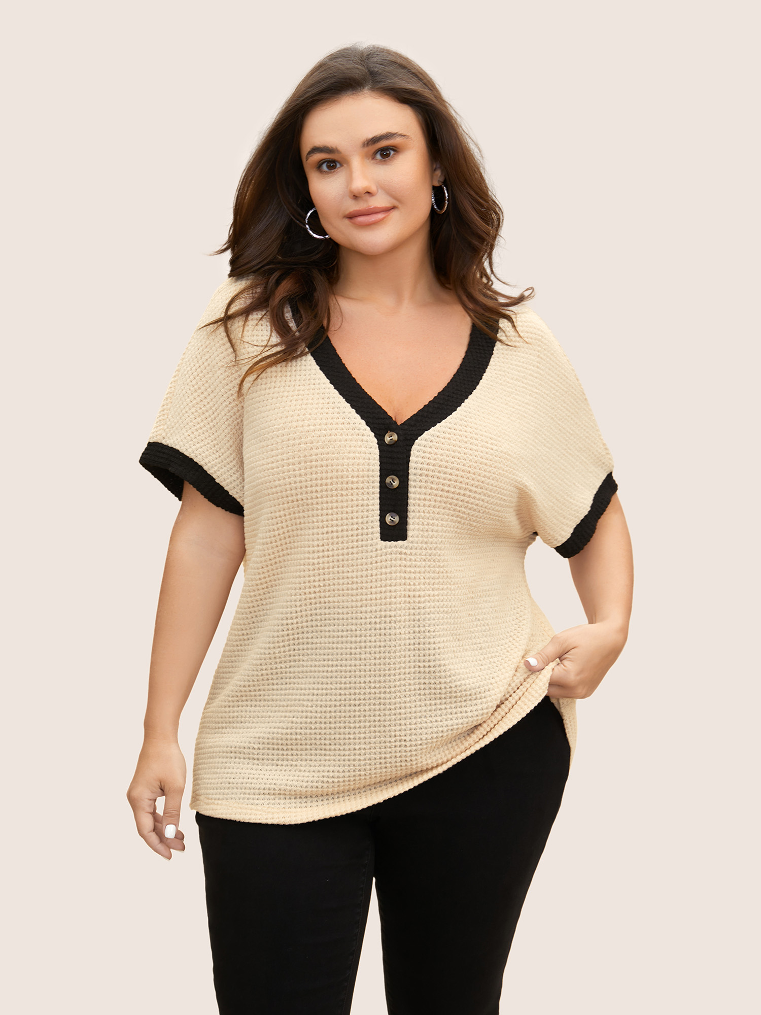 

Plus Size V Neck Contrast Button Detail Knit T-shirt Apricot Women Casual Texture V-neck Everyday T-shirts BloomChic