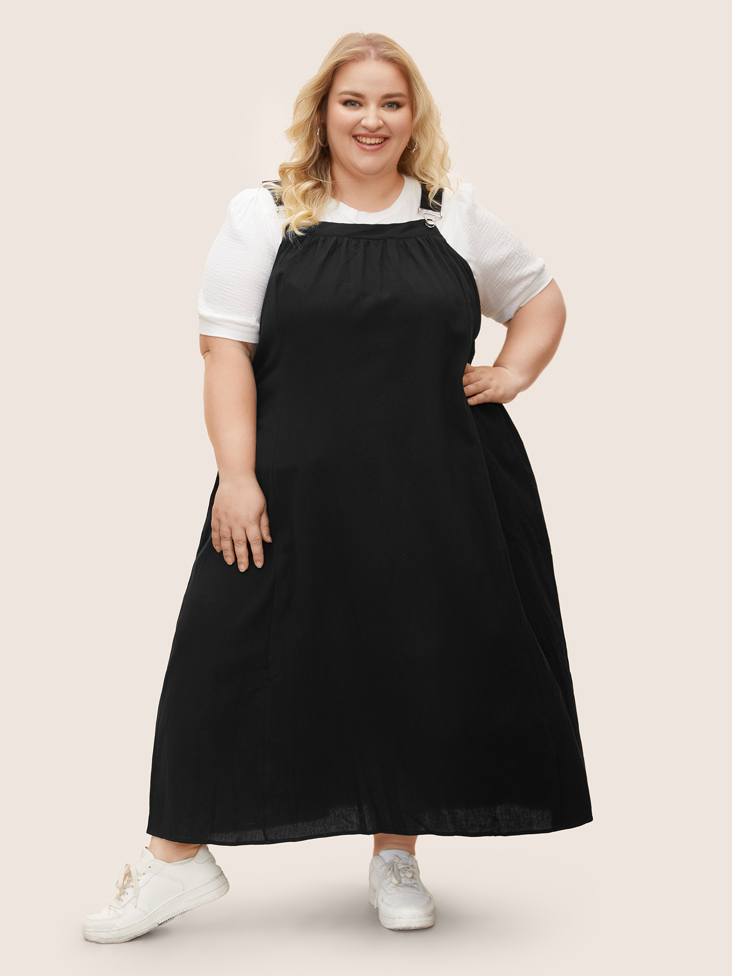 Plus Size Cotton Solid Adjustable Straps Pocket Midi Dress Black Women Gathered Non Sleeveless Curvy BloomChic 28/5X 