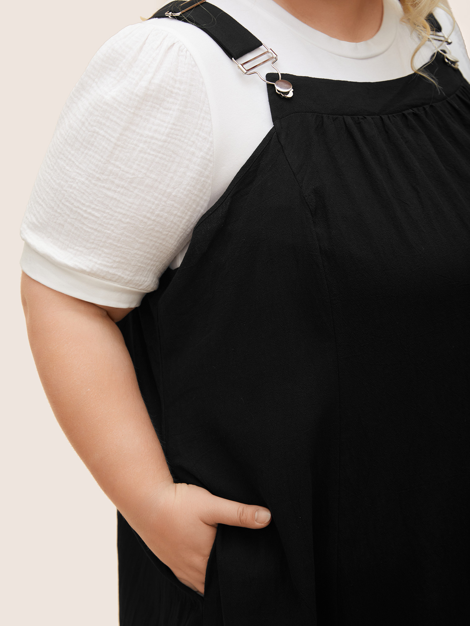 Plus Size Cotton Solid Adjustable Straps Pocket Midi Dress Black Women Gathered Non Sleeveless Curvy BloomChic 28/5X 
