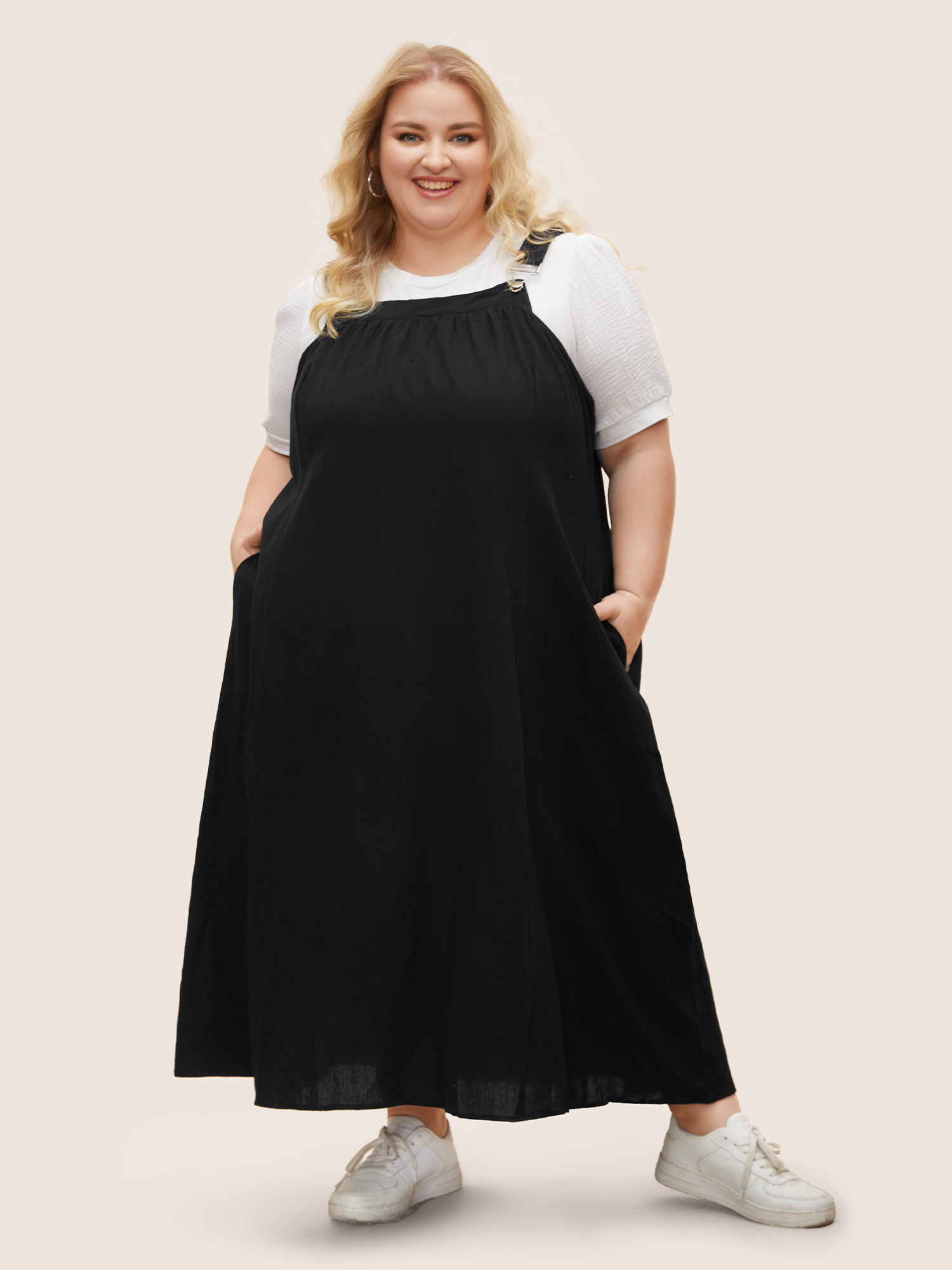 Plus Size Cotton Solid Adjustable Straps Pocket Midi Dress Black Women Gathered Non Sleeveless Curvy BloomChic 28/5X 