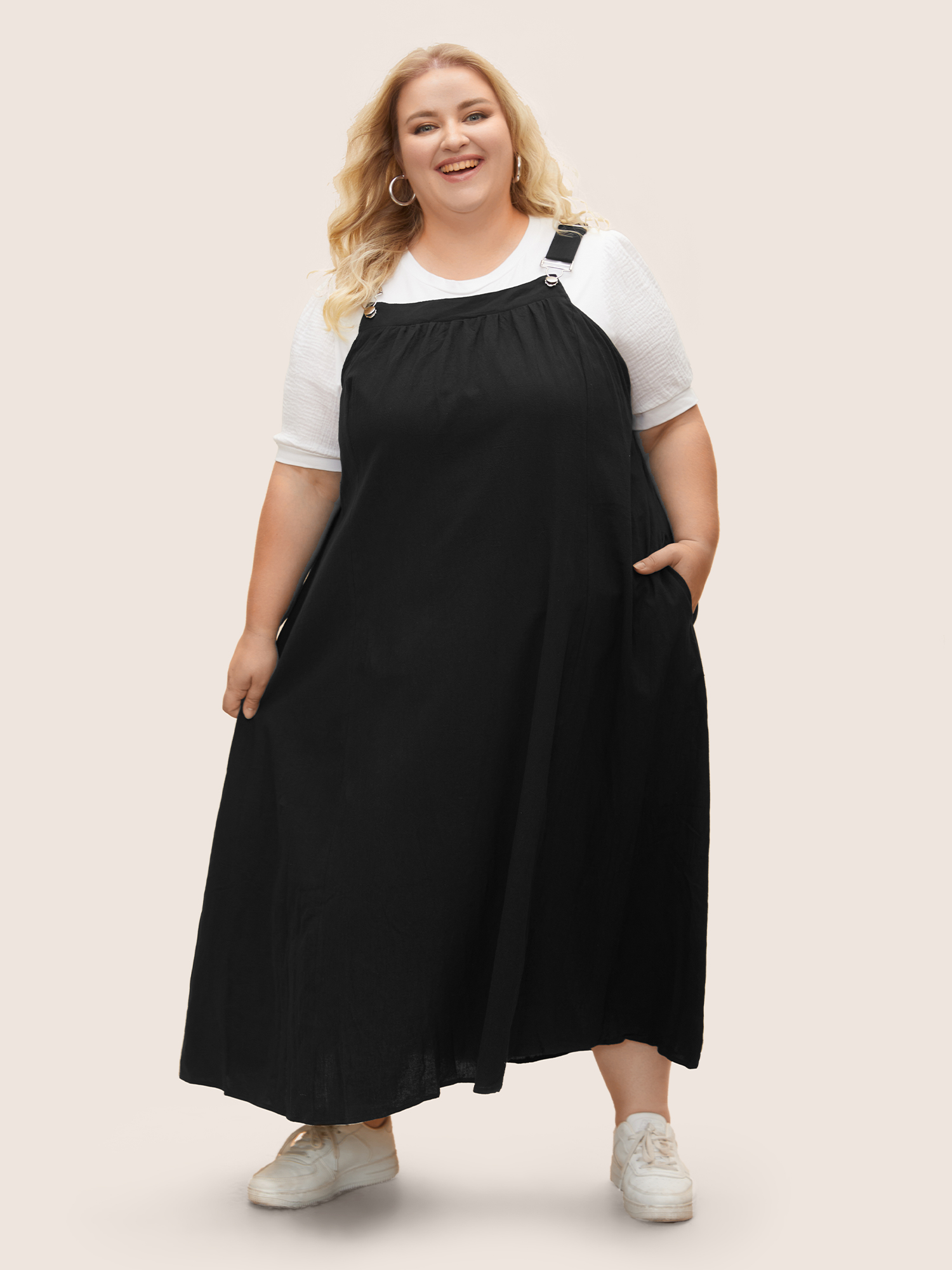 Plus Size Cotton Solid Adjustable Straps Pocket Midi Dress Black Women Gathered Non Sleeveless Curvy BloomChic 28/5X 