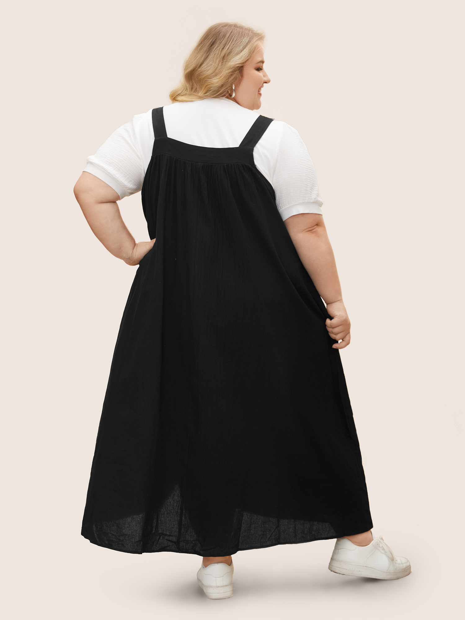 Plus Size Cotton Solid Adjustable Straps Pocket Midi Dress Black Women Gathered Non Sleeveless Curvy BloomChic 28/5X 