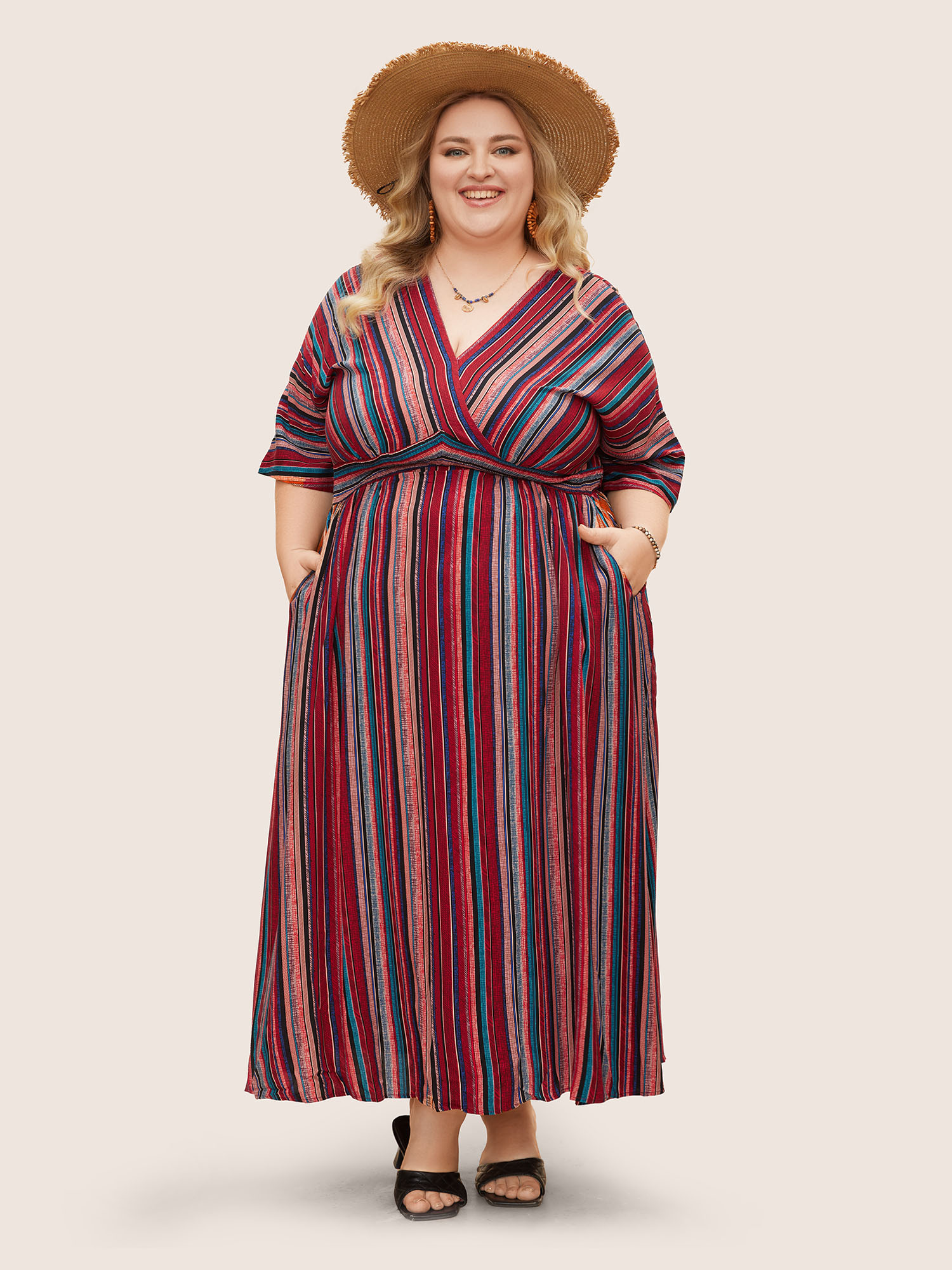 Plus Size Women Vacation Striped Slit Dolman Sleeve Half Sleeve V-neck Pocket Resort Dresses BloomChic 