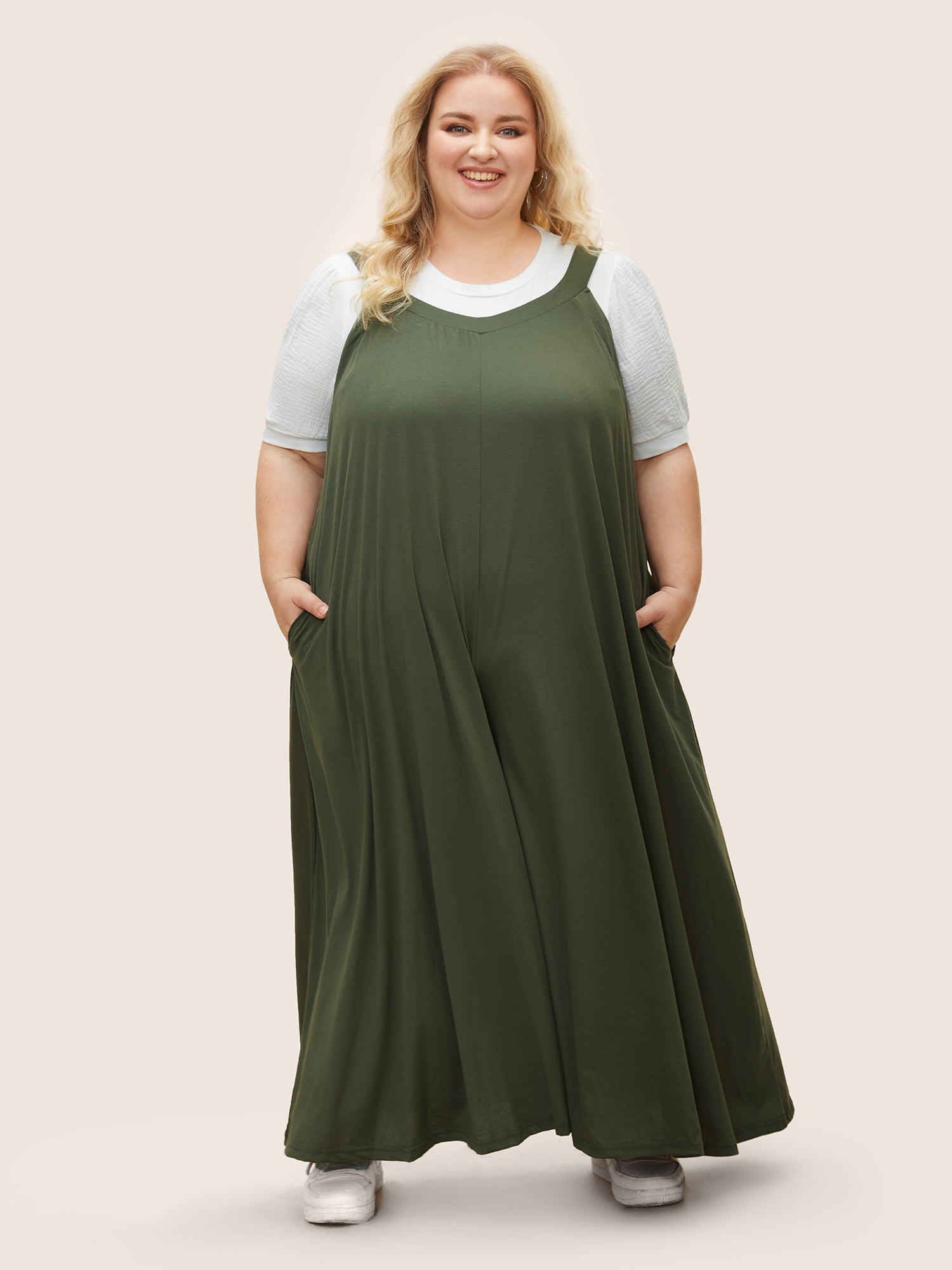 Plus Size ArmyGreen Supersoft Essentials Solid Pocket Adjustable Straps Jumpsuit Women Casual Sleeveless Non Everyday Loose Jumpsuits BloomChic 30/6X 