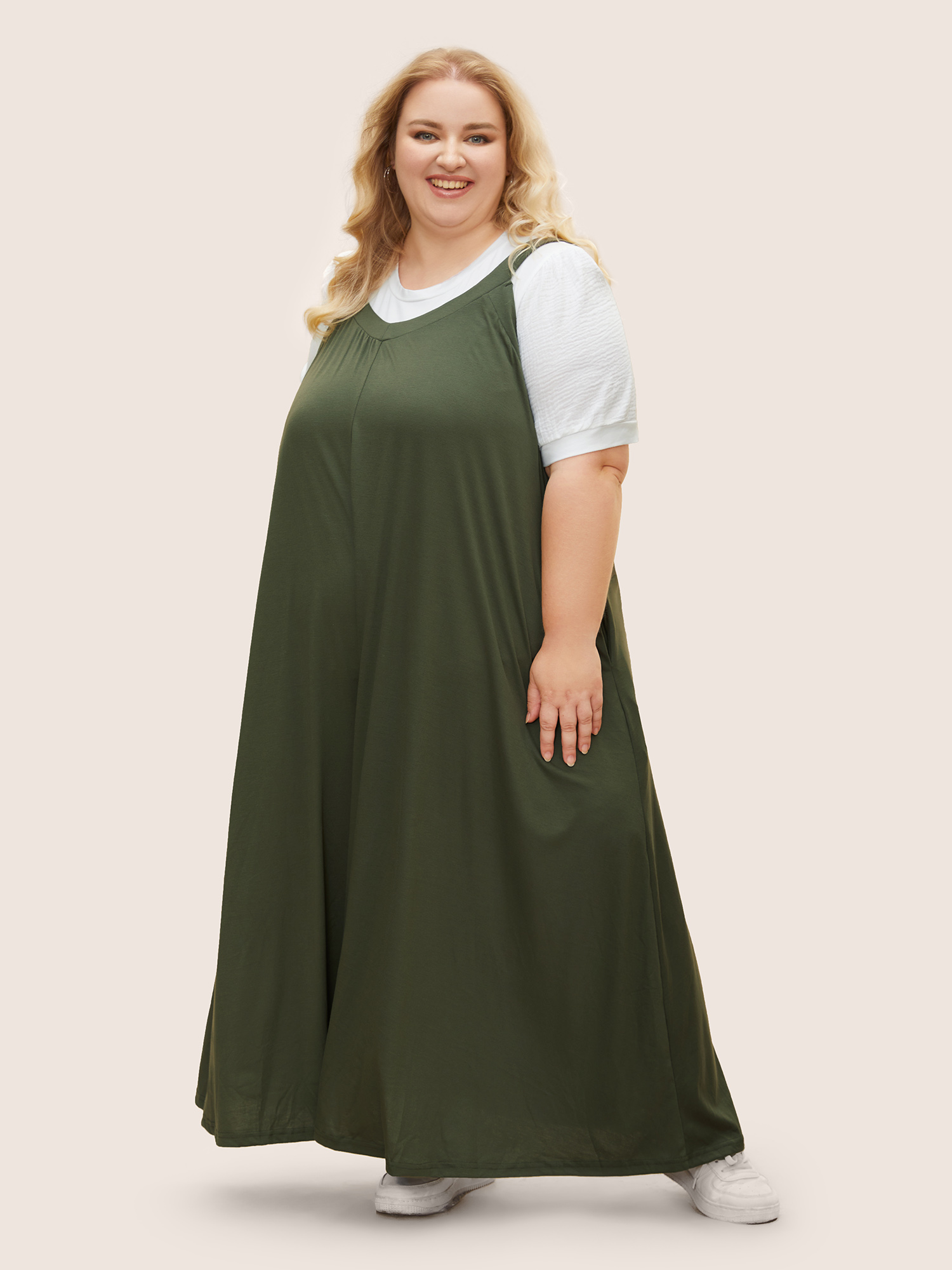 Plus Size ArmyGreen Supersoft Essentials Solid Pocket Adjustable Straps Jumpsuit Women Casual Sleeveless Non Everyday Loose Jumpsuits BloomChic 30/6X 